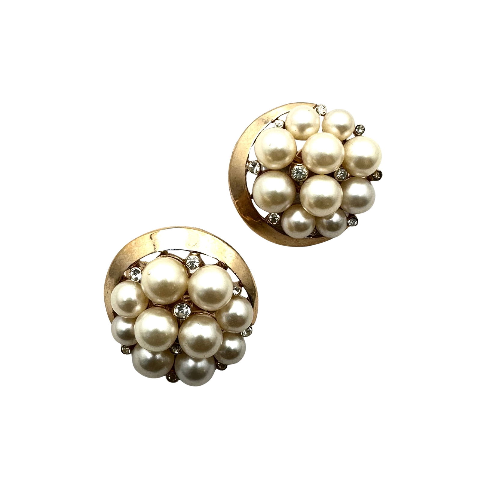 Vintage Trifari Clear Rhinestone Faux Pearl Gold Tone Clip Earrings 1 Inch: Vintage Trifari Clear Rhinestone Faux Pearl Gold Tone Clip Earrings 1 Inch