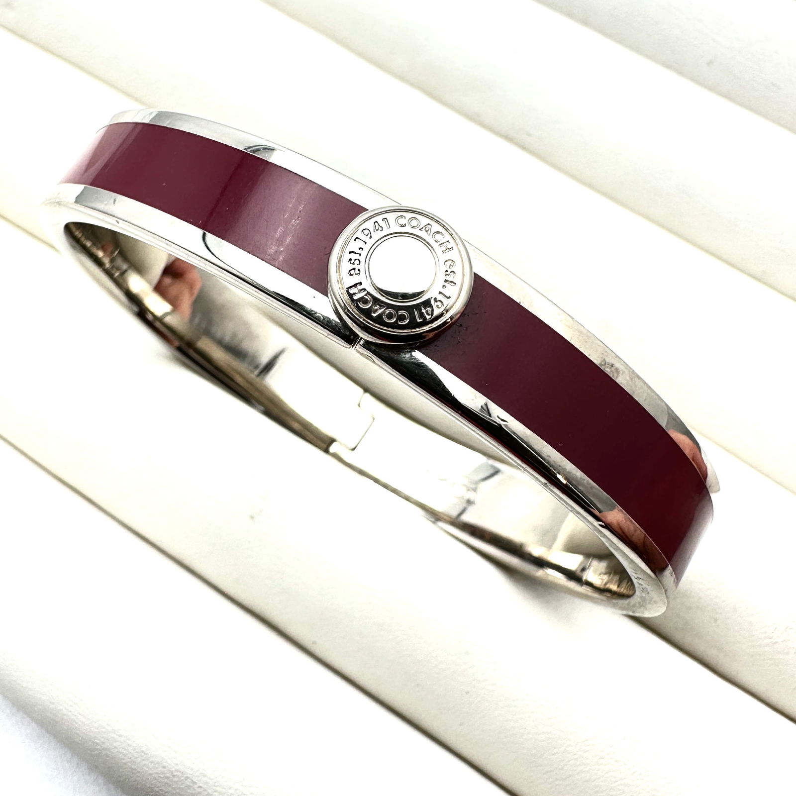 Coach Hinged Dark Purple Enamel Silver Tone Hinged Cuff Bracelet 6 1/2 Inch: Coach Hinged Dark Purple Enamel Silver Tone Hinged Cuff Bracelet 6 1/2 Inch