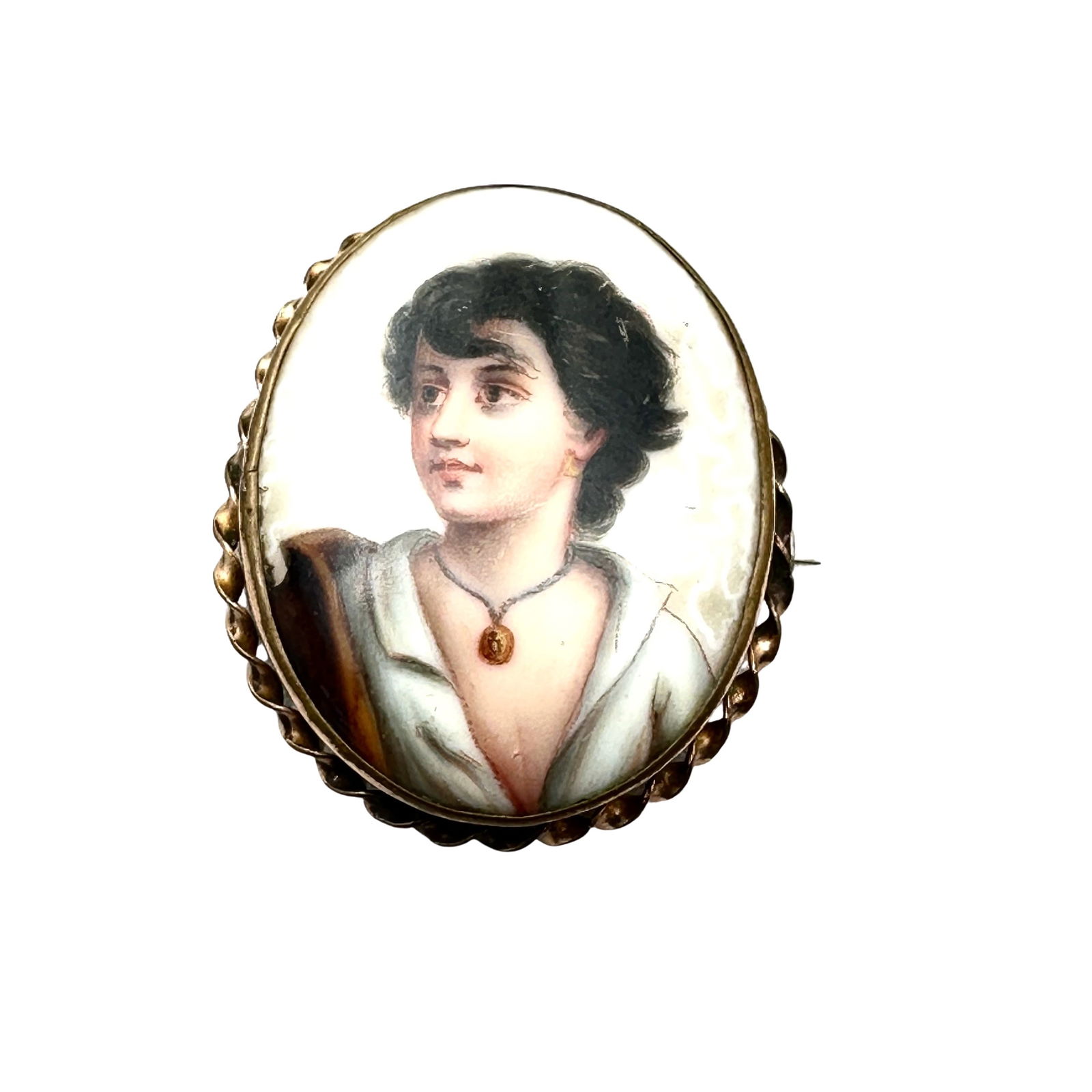 Antique Hand Painted Portrait Brooch Pin Gold Filled 1.5 Inch Length (1 of 2)