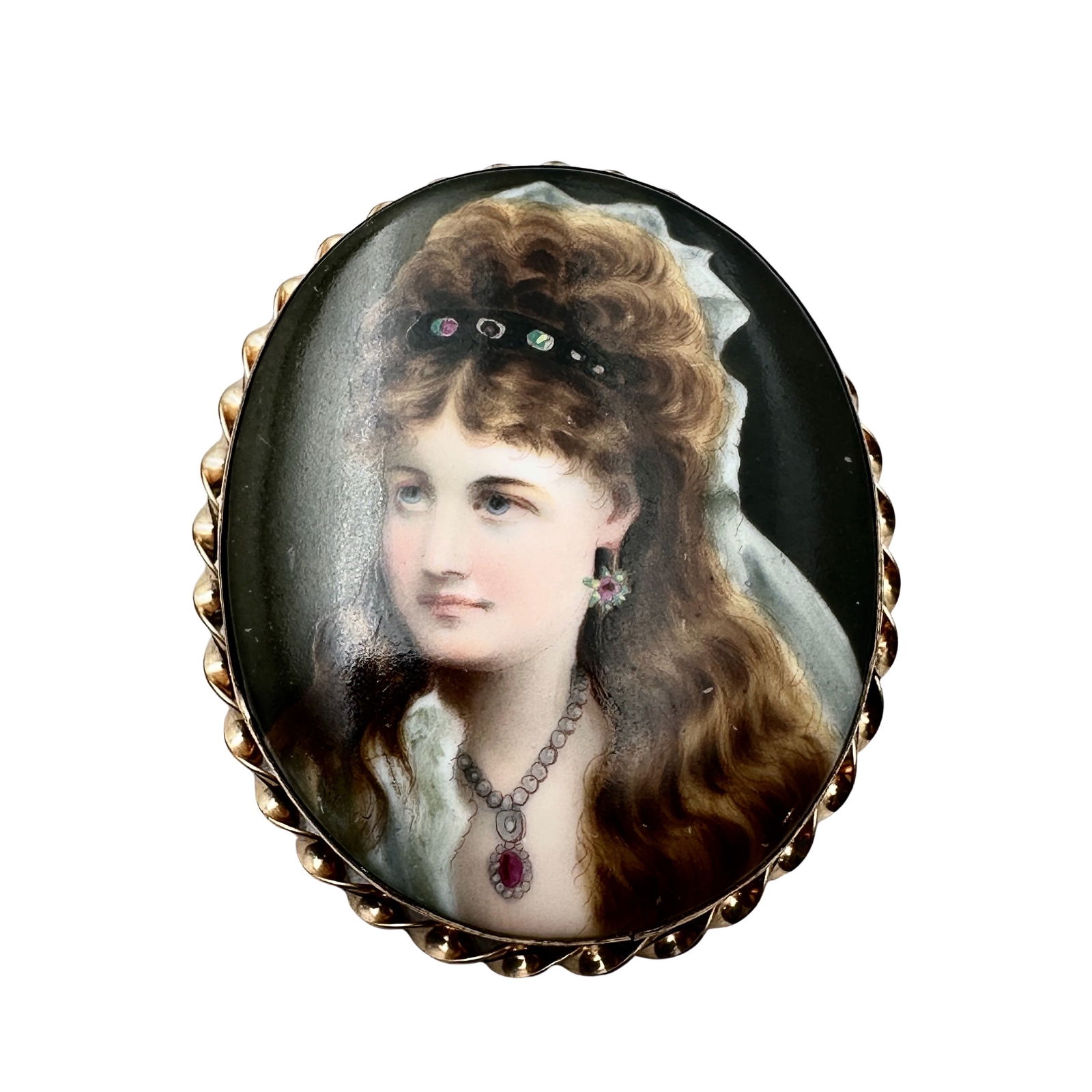 Stunning Antique Large Hand Painted Portrait Gold Filled Brooch Pin 2.5 Inch Height (1 of 3)