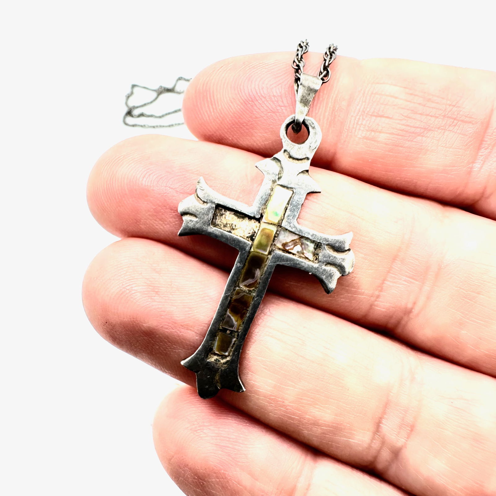 Vintage Abalone Inlay Sterling Silver 1.5 Inch Cross Pendant Necklace 24 Inch Chain Weight 6 Grams (1 of 2)