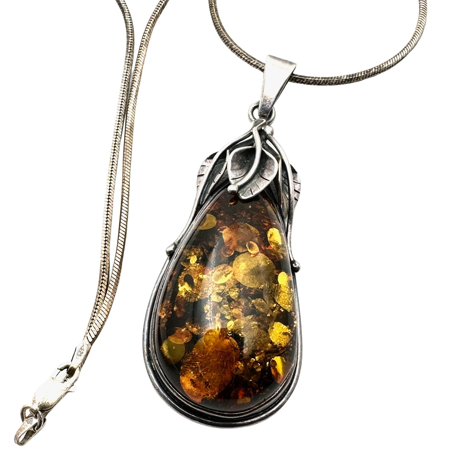 Vintage Natural Amber Sterling Silver Pendant 3 Inch Length 18 Inch Chain Weight 30 grams (1 of 2)