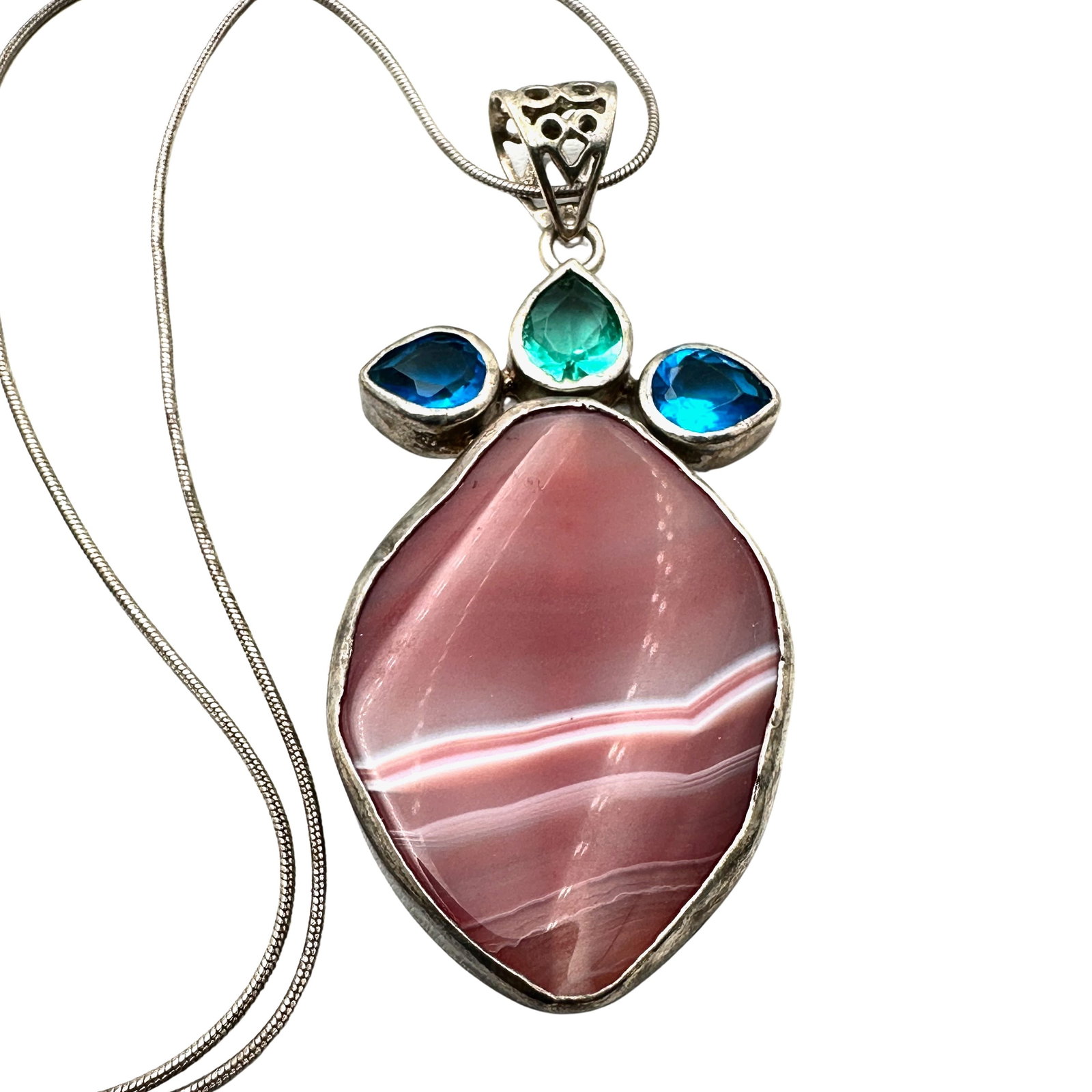 Pink Striped Agate Sterling Silver Pendant Necklace 18 Inch Chain: Pink Striped Agate Sterling Silver Pendant Necklace 18 Inch Chain