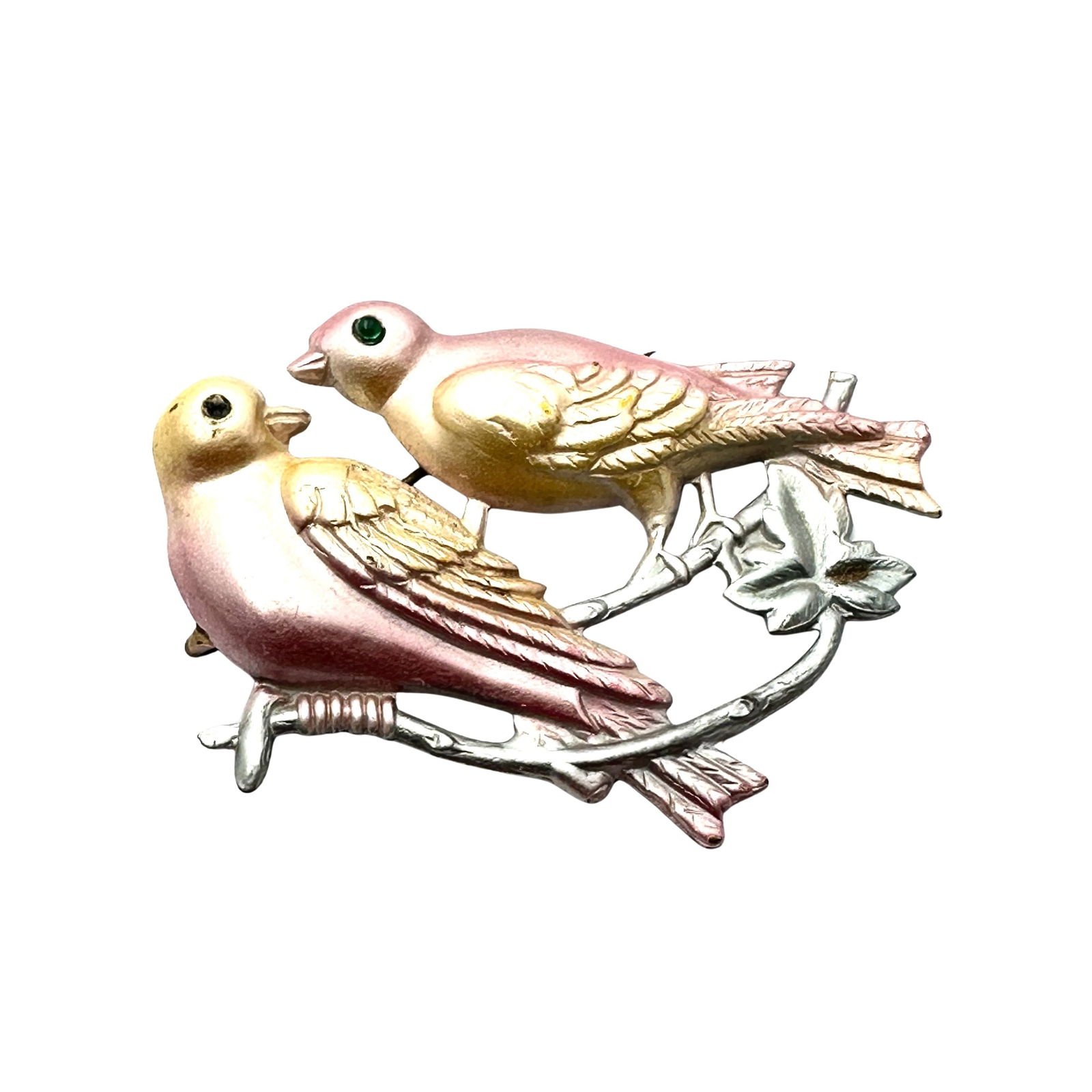 Antique Pastel Enamel Gold Tone Birds on Branch Brooch 2.5 Inch: Antique Pastel Enamel Gold Tone Birds on Branch Brooch 2.5 Inch