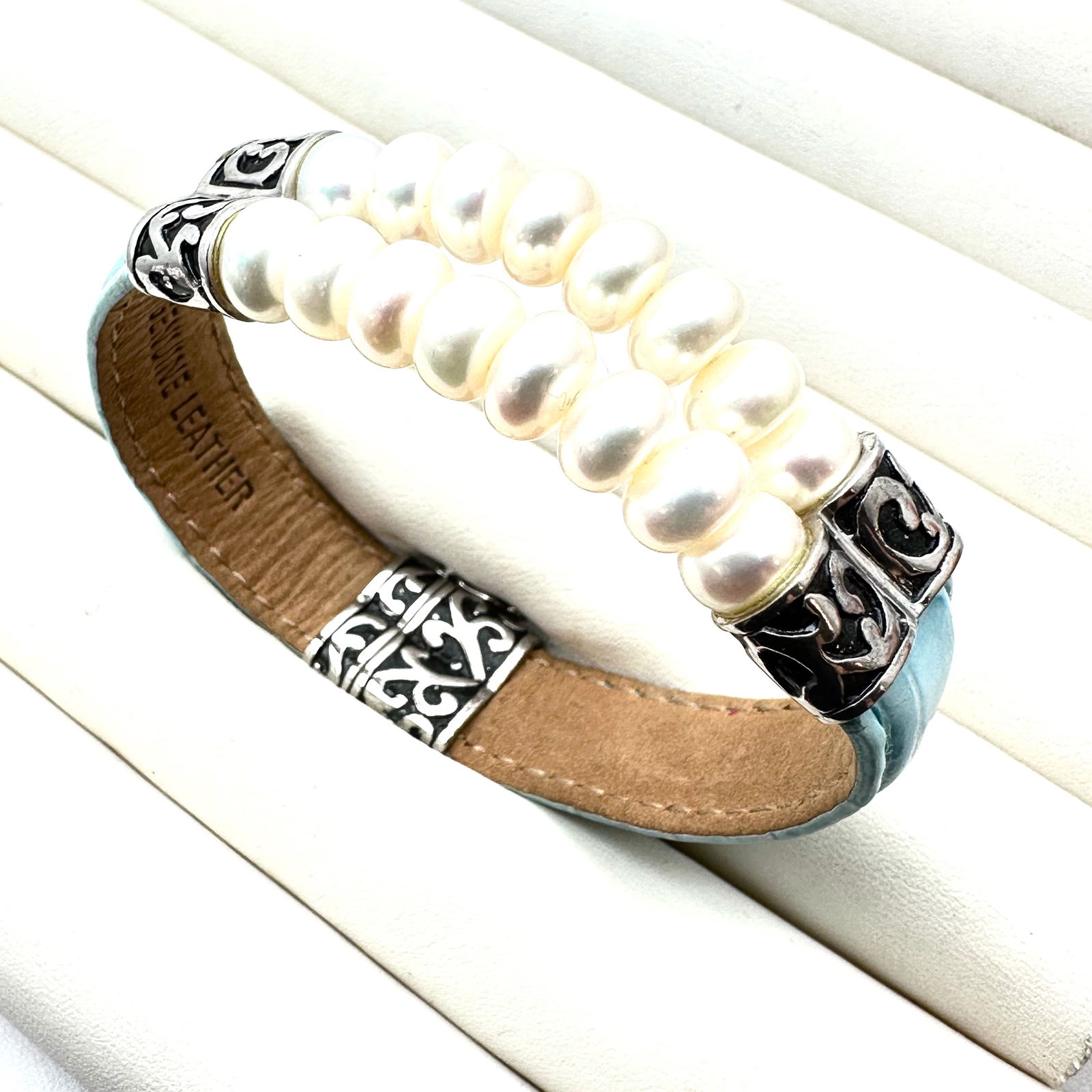 Sterling Silver Freshwater Pearl Light Blue Leather Bracelet 7 Inch: Sterling Silver Freshwater Pearl Light Blue Leather Bracelet 7 Inch