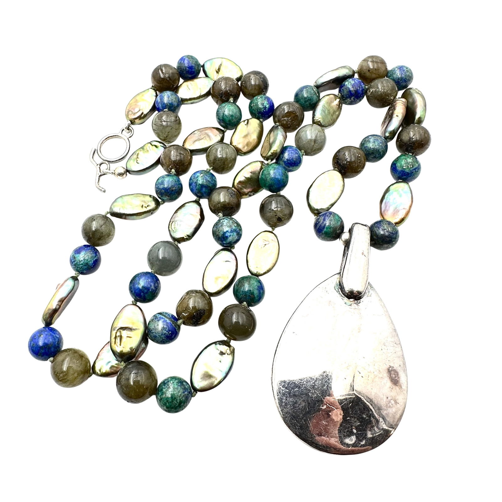 Gorgeous Labradorite Azurite Bead Coin Pearl Sterling Silver Pendant Necklace 32 Inch 154 Grams: Gorgeous Labradorite Azurite Bead Coin Pearl Sterling Silver Pendant Necklace 32 Inch 154 Grams