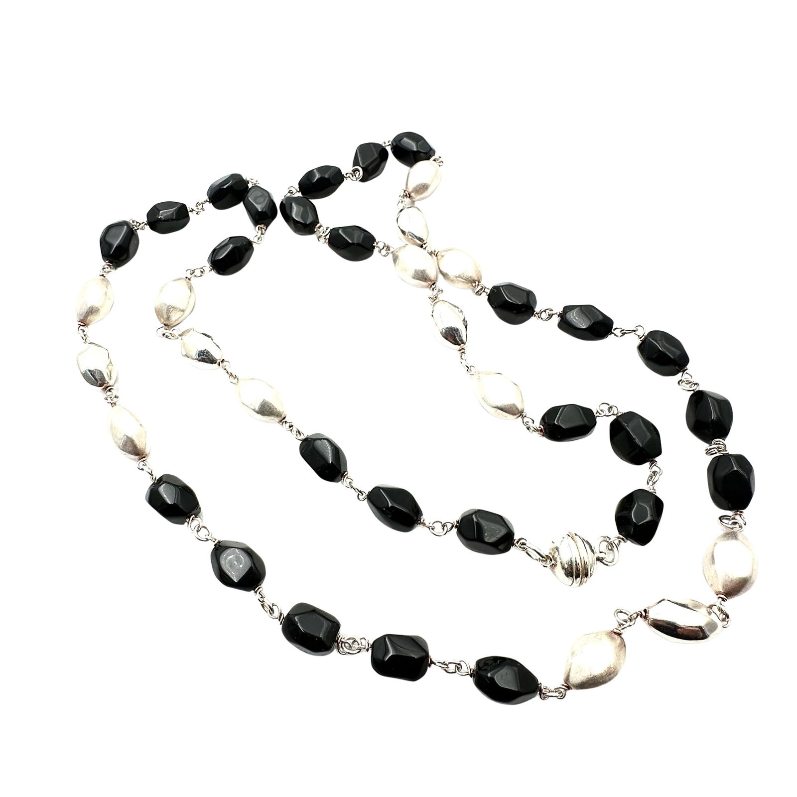 Black Onyx Sterling Silver Bead Necklace 32 Inch 66 Grams: Black Onyx Sterling Silver Bead Necklace 32 Inch 66 Grams