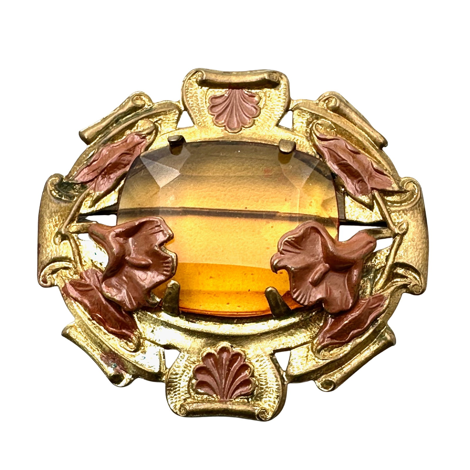 Antique Orange Czech Glass Enamel Flower Gold Tone Brooch Pin 2.5 Inch (1 of 2)