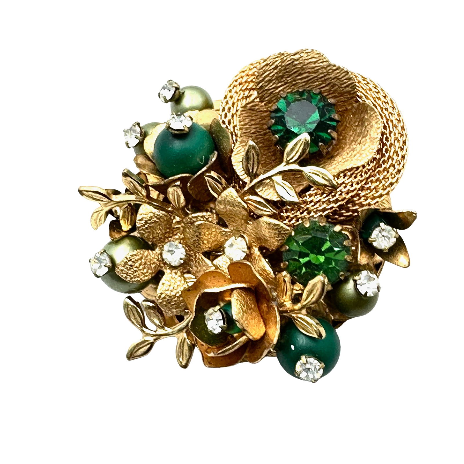 Vintage Unsigned Green Rhinestone Wired Gold Tone Mesh Brooch Pin (1 of 2)