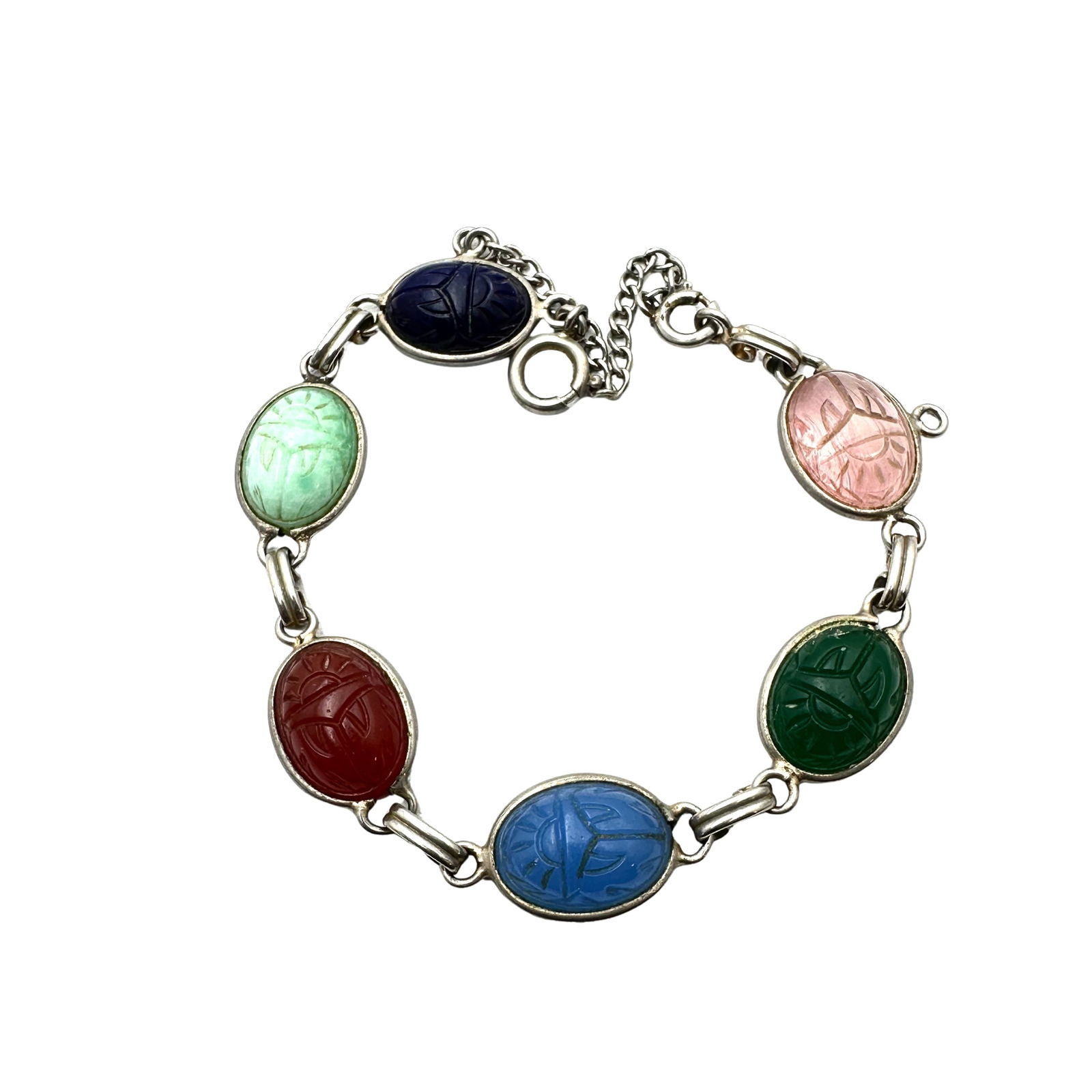 Vintage Gemstone Scarab Silver Tone Bracelet 7 Inch: Vintage Gemstone Scarab Silver Tone Bracelet 7 Inch
