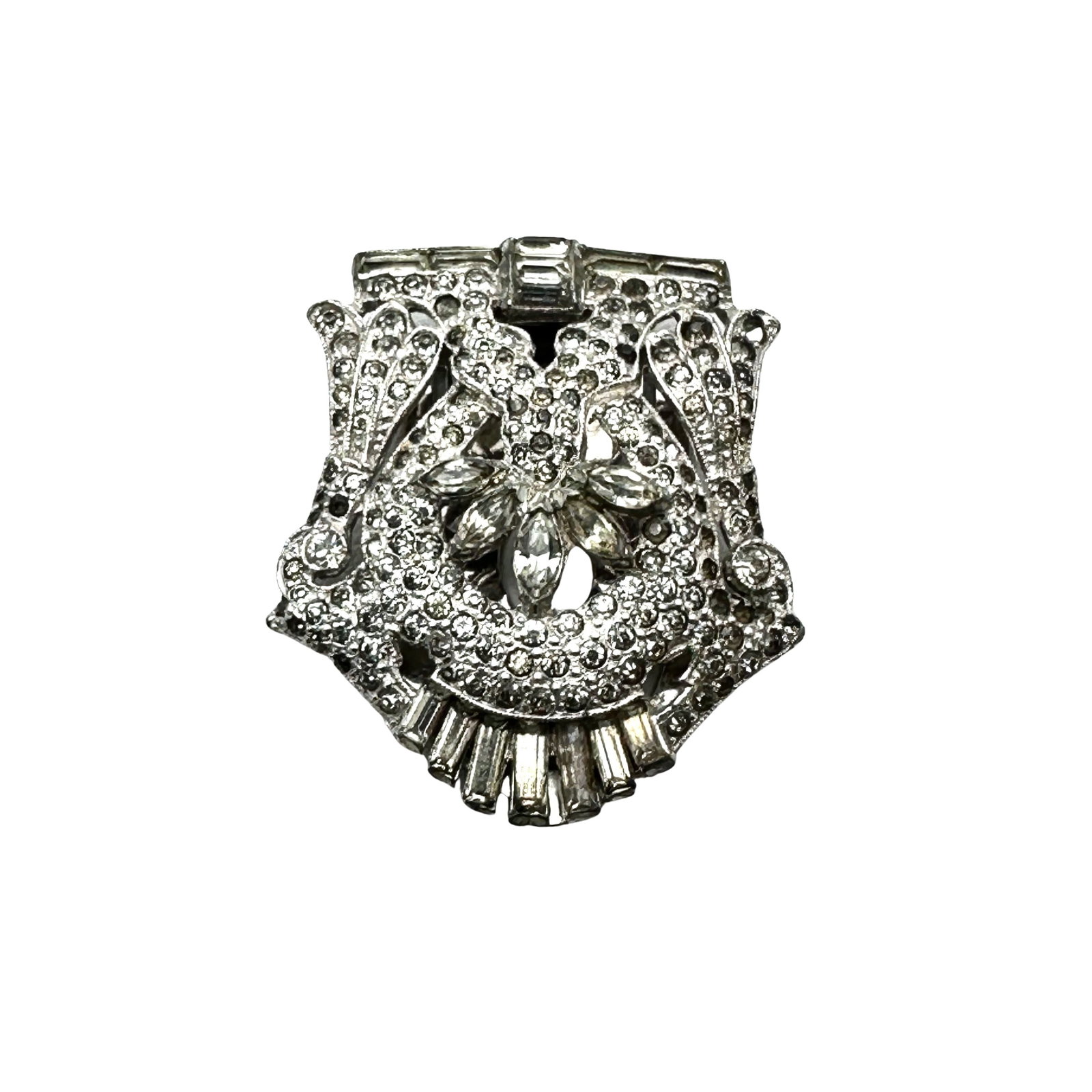 Antique Pot Metal Clear Rhinestone Silver Tone Fur Clip: Antique Pot Metal Clear Rhinestone Silver Tone Fur Clip