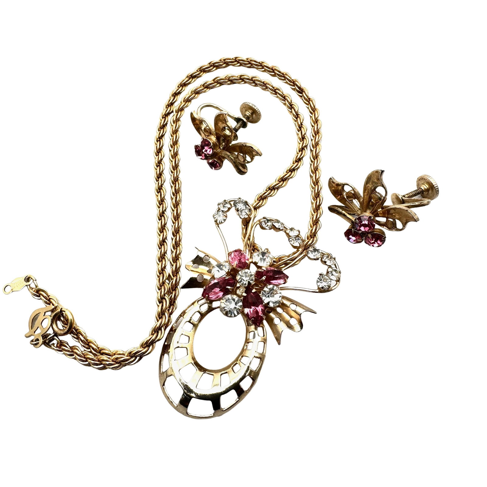 Vintage Gold Filled Pink Rhinestone Pendant Necklace 16 Inch Screw Back Earrings Set: Vintage Gold Filled Pink Rhinestone Pendant Necklace 16 Inch Screw Back Earrings Set