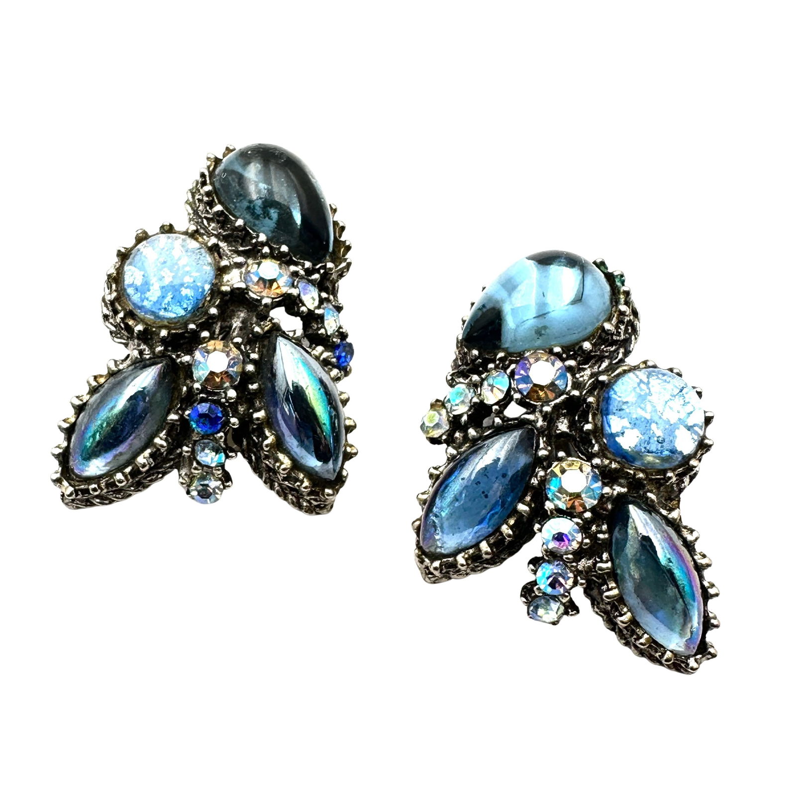 Vintage Unsigned Alice Caviness Blue Glass Rhinestone Silver Tone Clip Earrings 1.5 Inch (1 of 2)