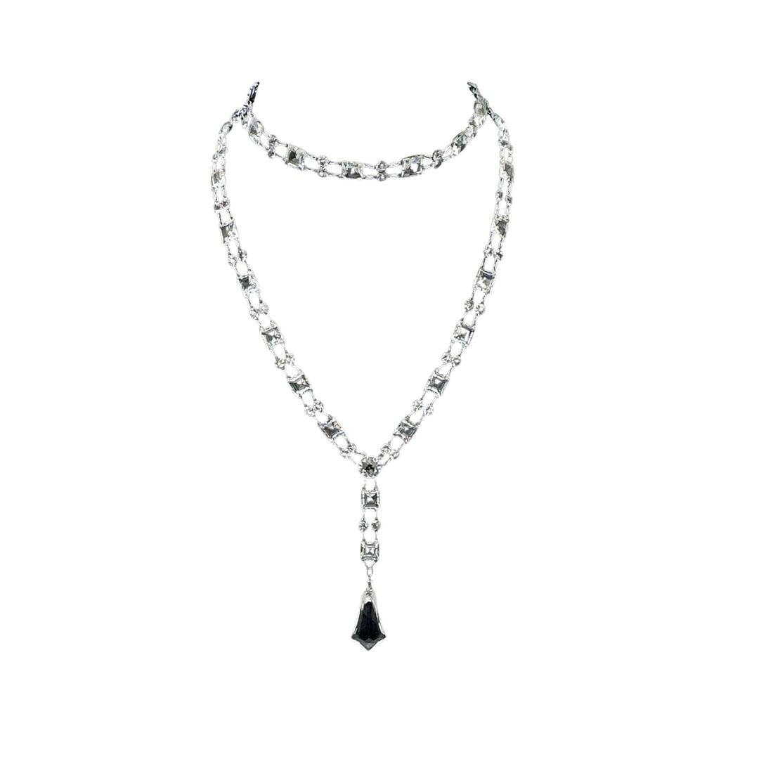 Antique Art Deco Clear Czech Glass Silver Tone Necklace Long Length 30 Inch Missing One Clear Stone: Missing One Clear Square Stone Towards the Top of the Necklace