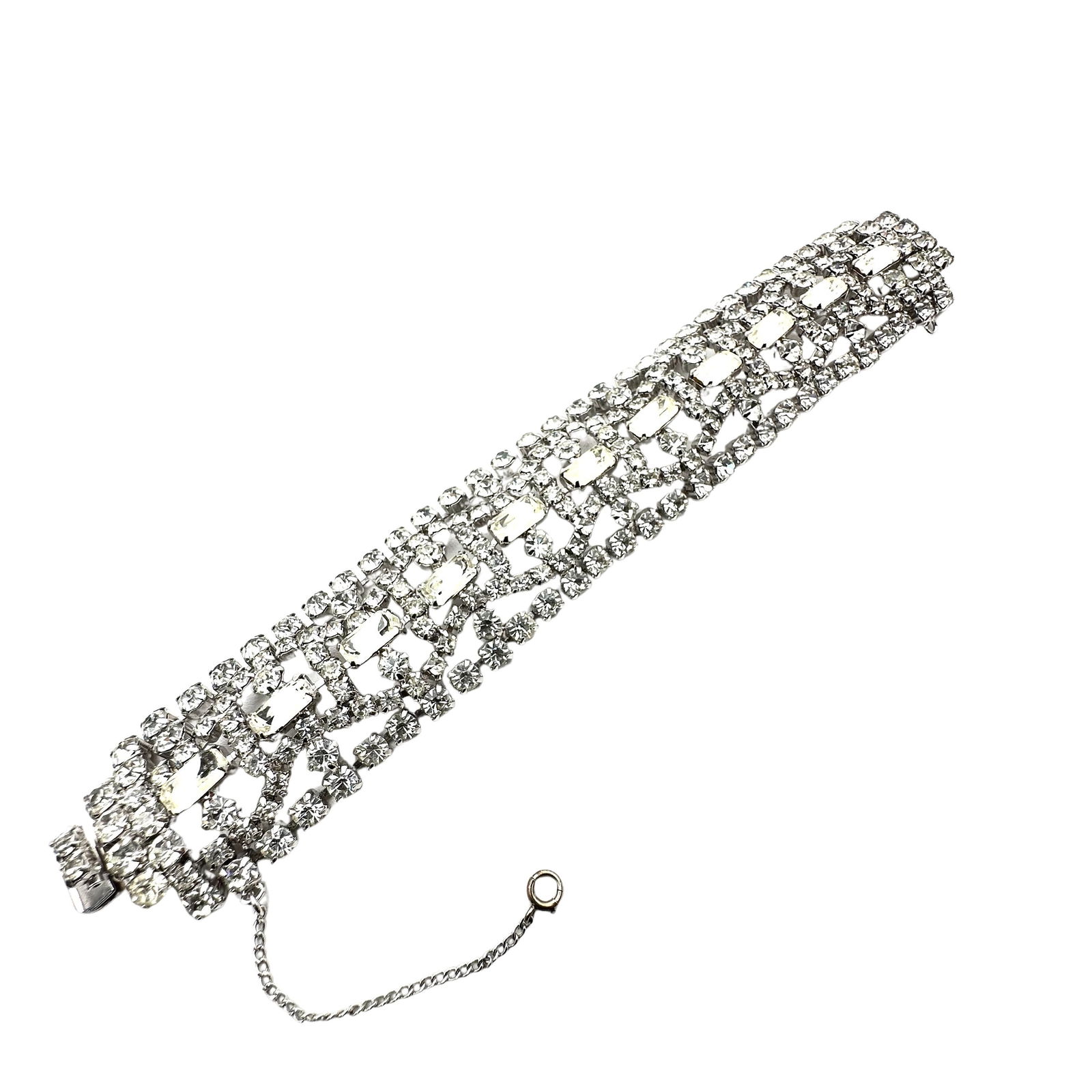 Vintage Kramer New York White Clear Givre Glass Rhinestones Silver Tone Wide Bracelet 7.5 Inch (1 of 2)