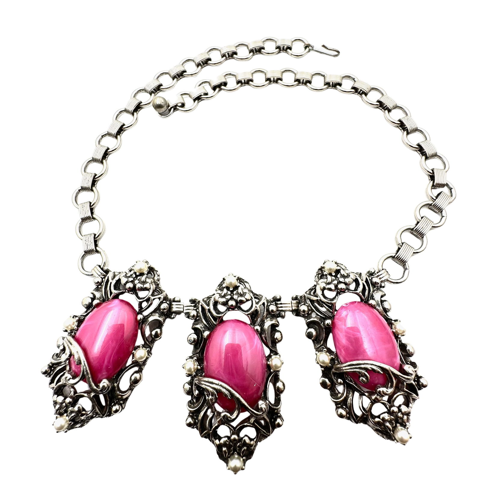 Vintage Unsigned Selro Selini Pink Cabochon Faux Pearl Gold Tone Book Chain Necklace 16 Inch (1 of 2)