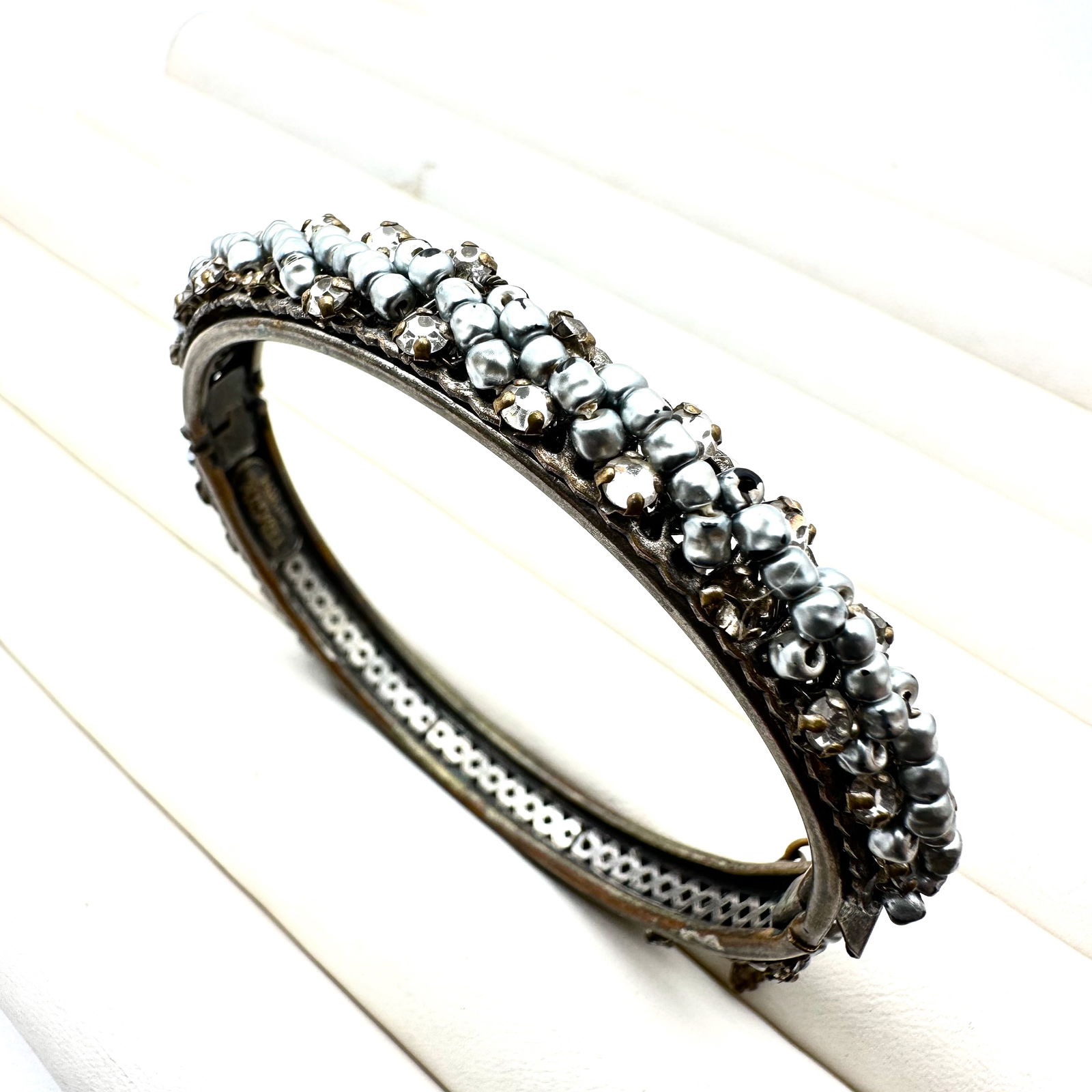 Vintage Miriam Haskell Faux Pearl Crystal Beaded Antiqued Gold Tone Hinged Bangle Bracelet 6.5 Inch (1 of 2)