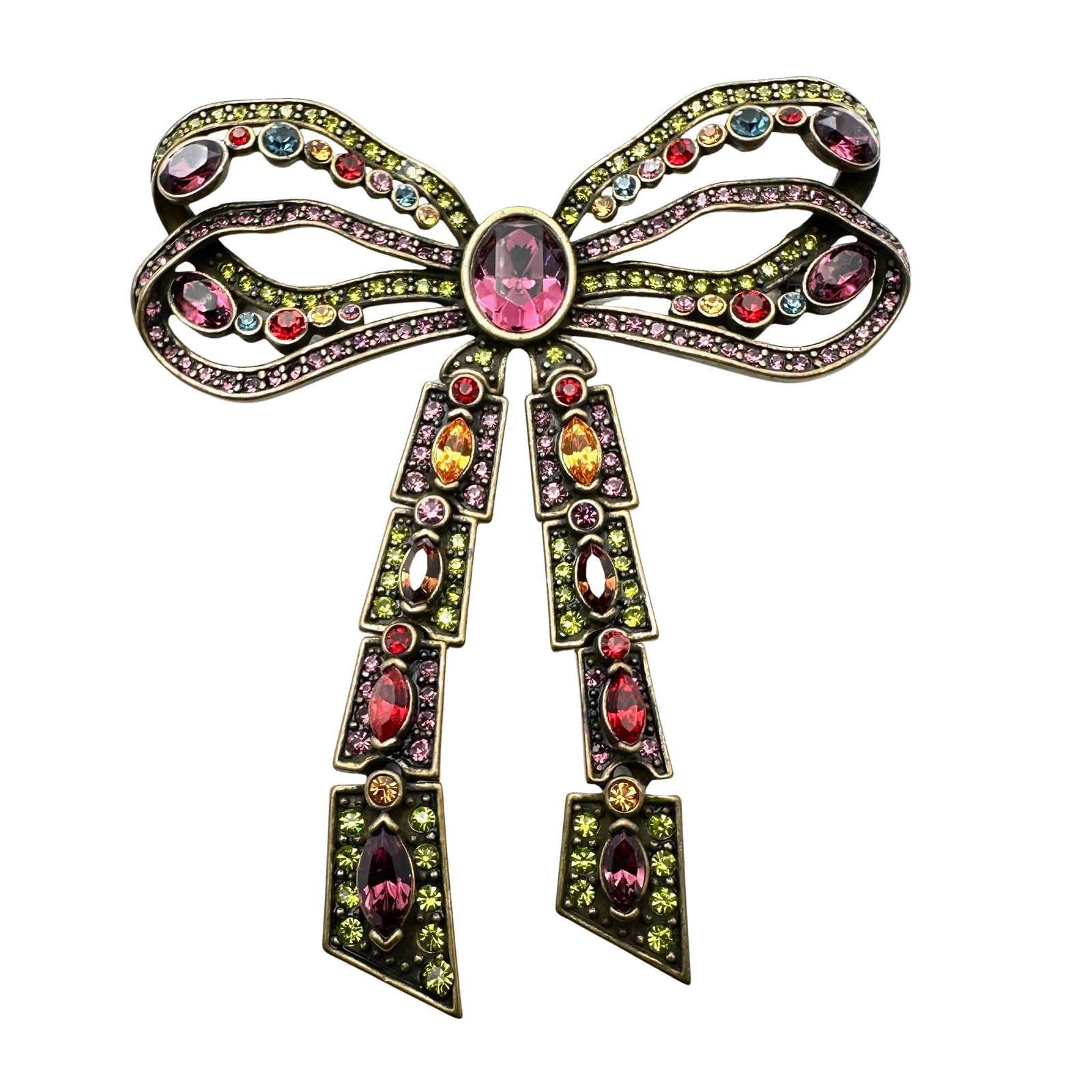 Heidi Daus Multicolor Crystal Antiqued Gold Tone Bow Pin Brooch 3 Inch: Heidi Daus Multicolor Crystal Antiqued Gold Tone Bow Pin Brooch 3 Inch