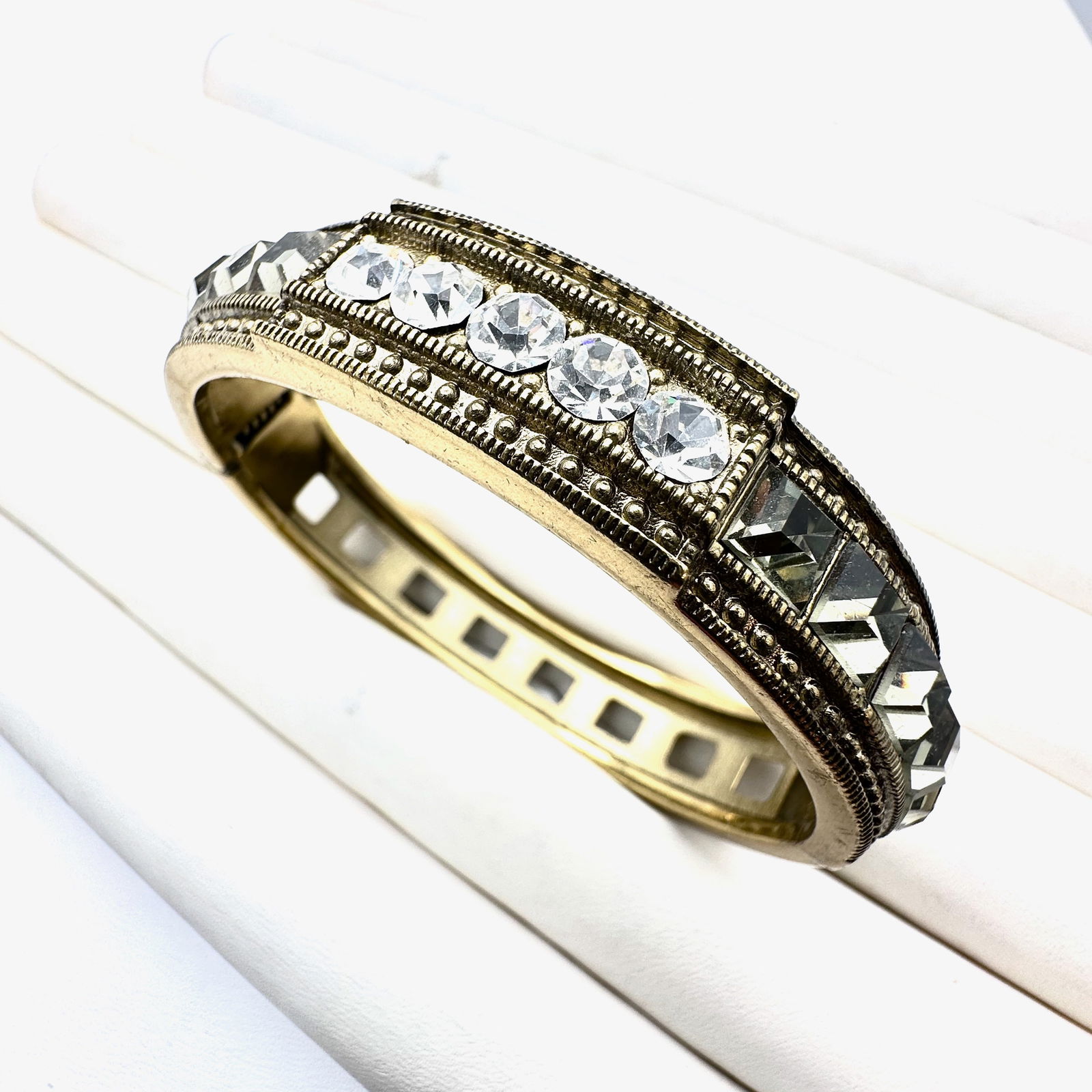 Heidi Daus Grey Clear Crystal Antiqued Gold Tone Hinged Bangle Bracelet 7 Inch (1 of 2)