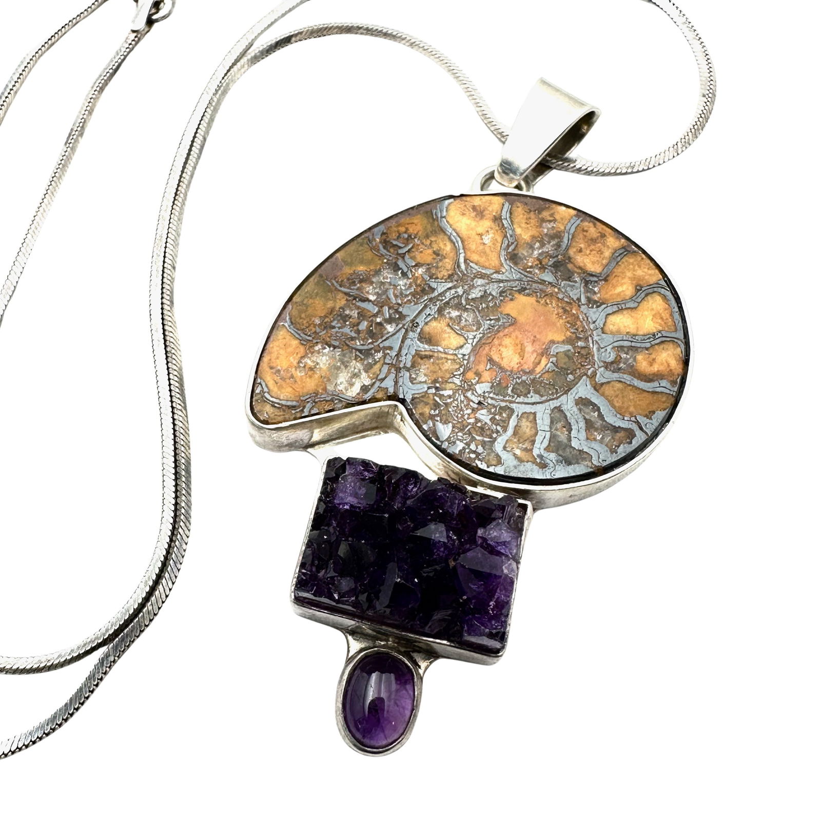 Charles Albert Amethyst Fossil Shell 3 Inch Pendant Sterling Silver Necklace 18 Inch Chain 51 Grams (1 of 2)
