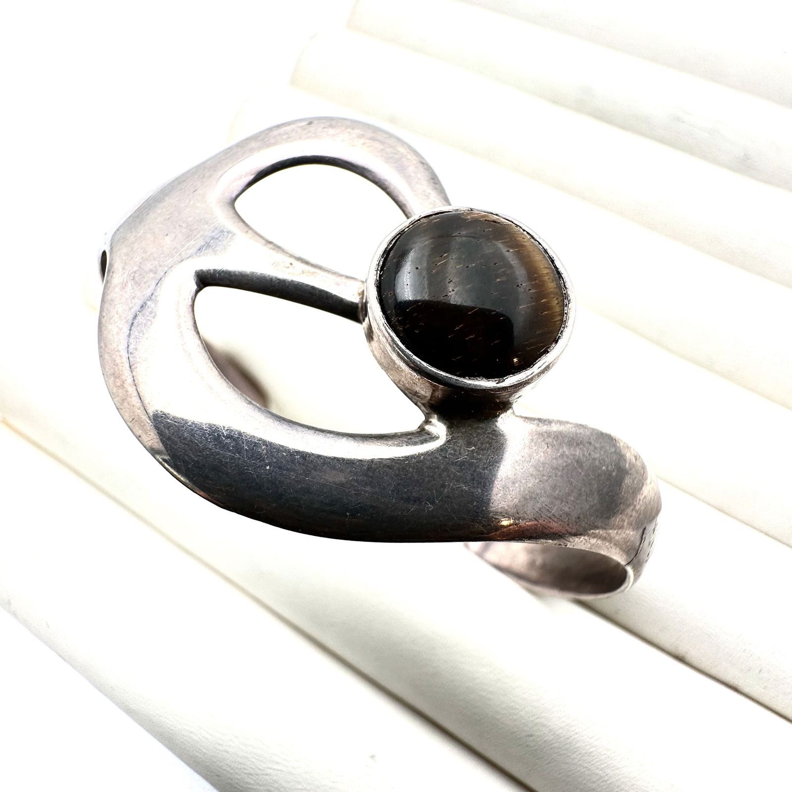 Vintage Mexico Tiger Eye Sterling Silver Cuff Bracelet 7.5 Inch Weight 24 Grams (1 of 2)