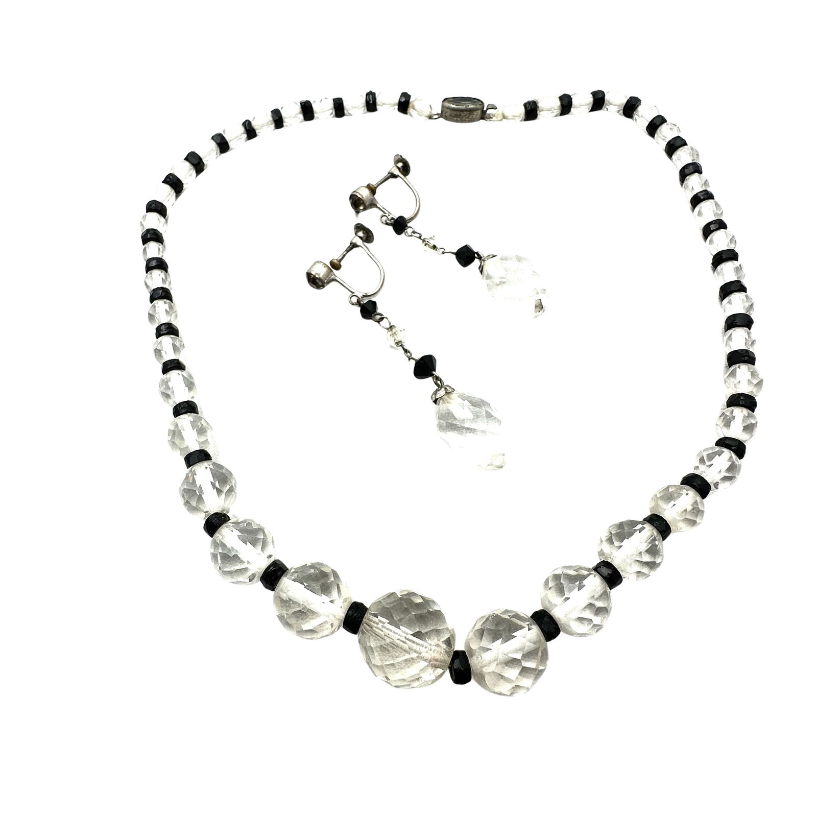 Antique Black Clear Glass 15 Inch Necklace Screw Back Earrings Set (1 of 2)