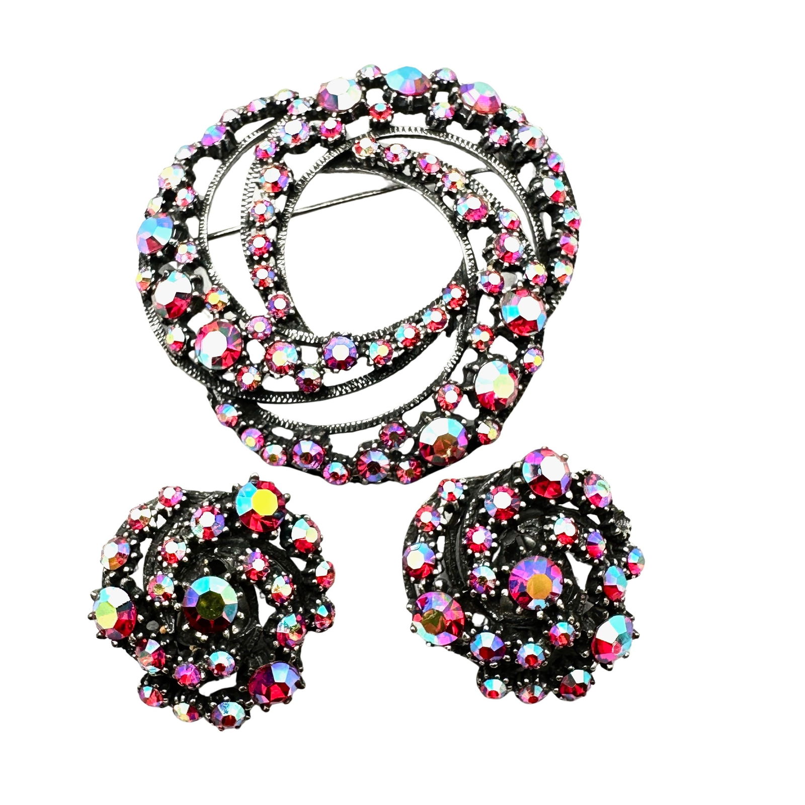 Vintage Florenza Red Aurora Borealis Glass Rhinestone Silver Tone Brooch Clip Earrings Set: Vintage Florenza Red Aurora Borealis Glass Rhinestone Silver Tone Brooch Clip Earrings Set