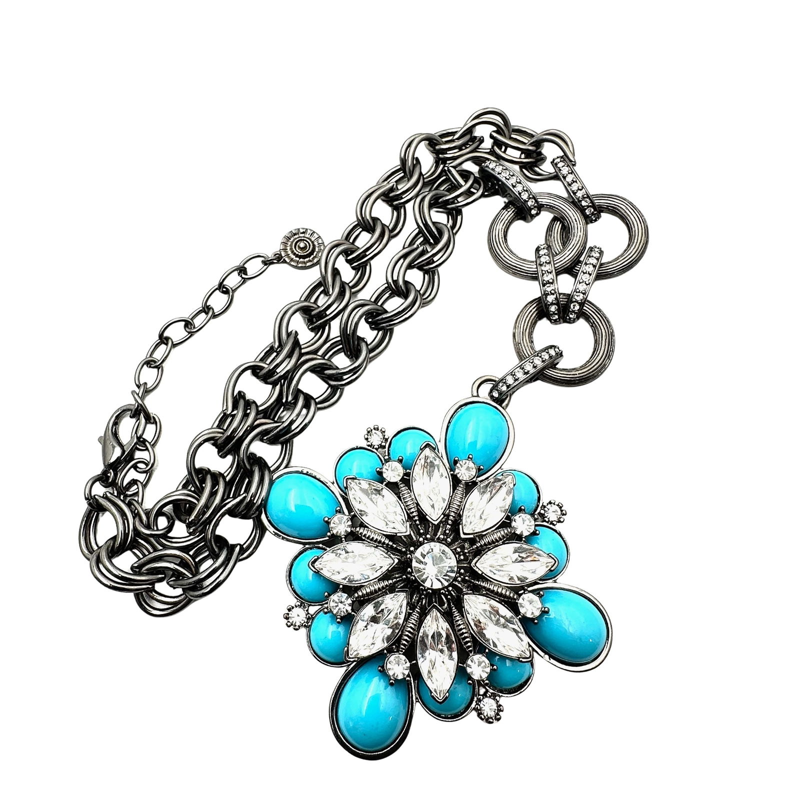 Graziano Turquoise Blue Glass Silver Tone Pendant Necklace Pristine Condition Statement Necklace (1 of 2)