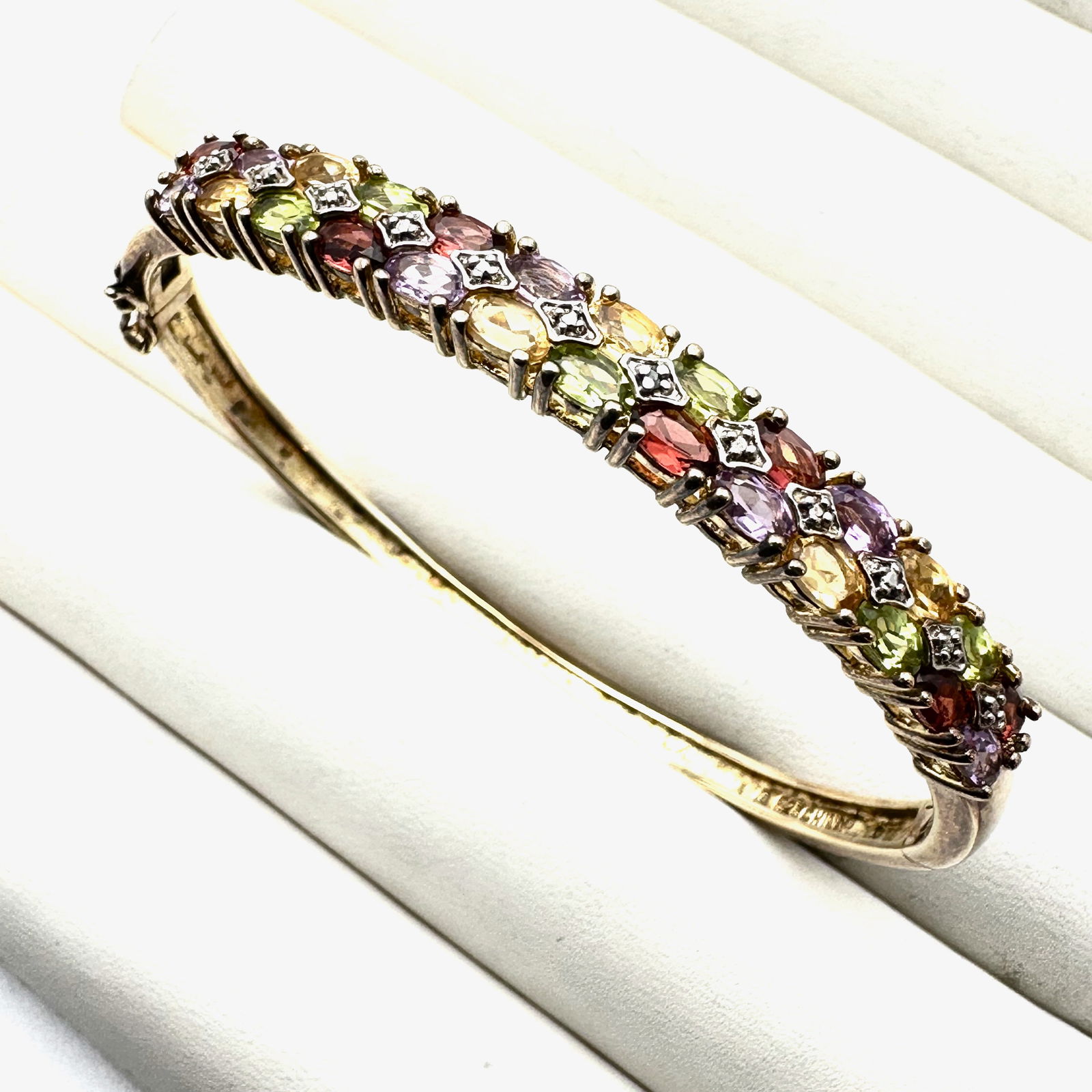 Multi Gemstone Gold Over Sterling Silver Hinged Bangle Bracelet 7.5 Inch Weight 18 Grams (1 of 2)