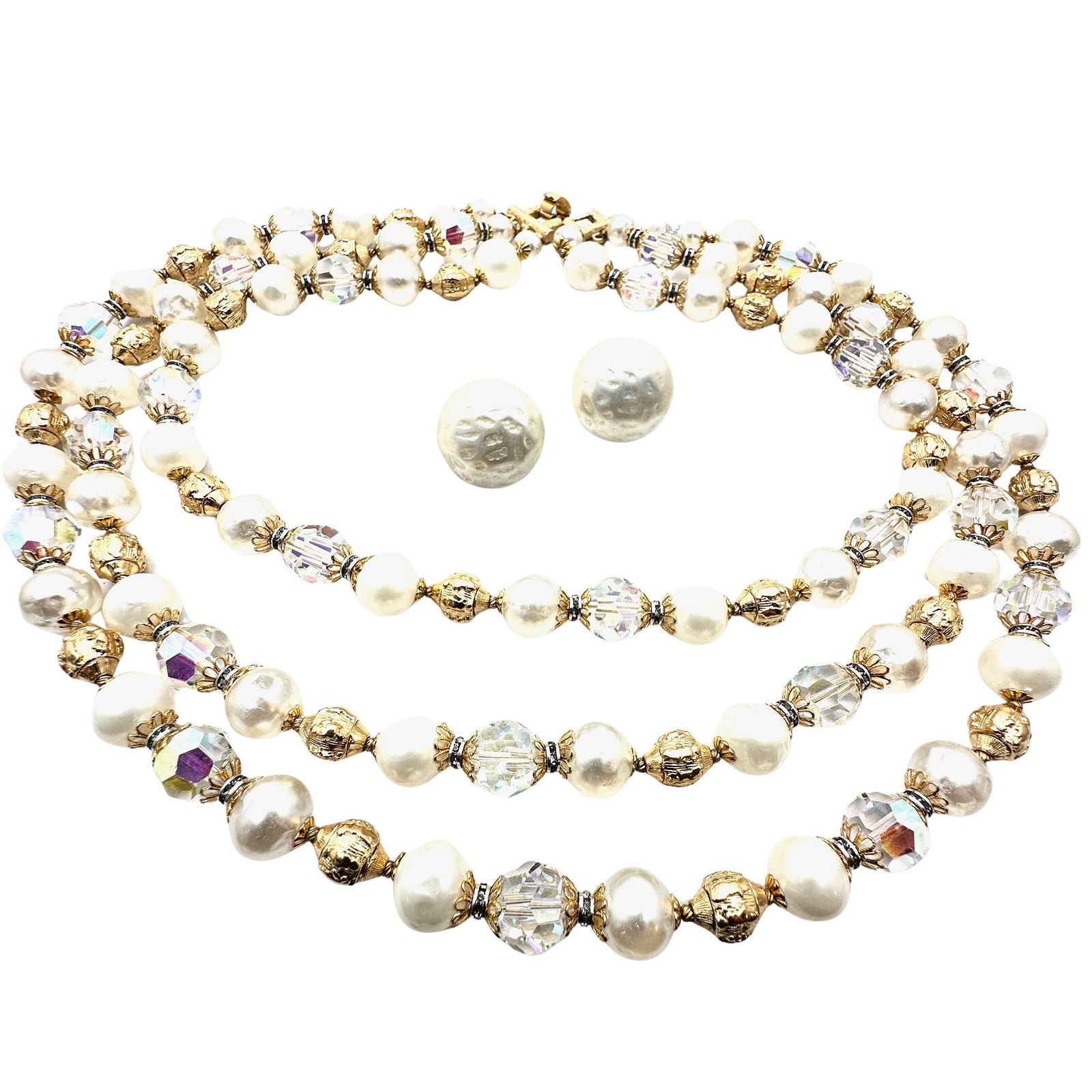 Vintage Trifari Crystal Bead Glass Faux Pearl Gold Tone Multi Strand Necklace Clip Earrings 18 Inch (1 of 2)