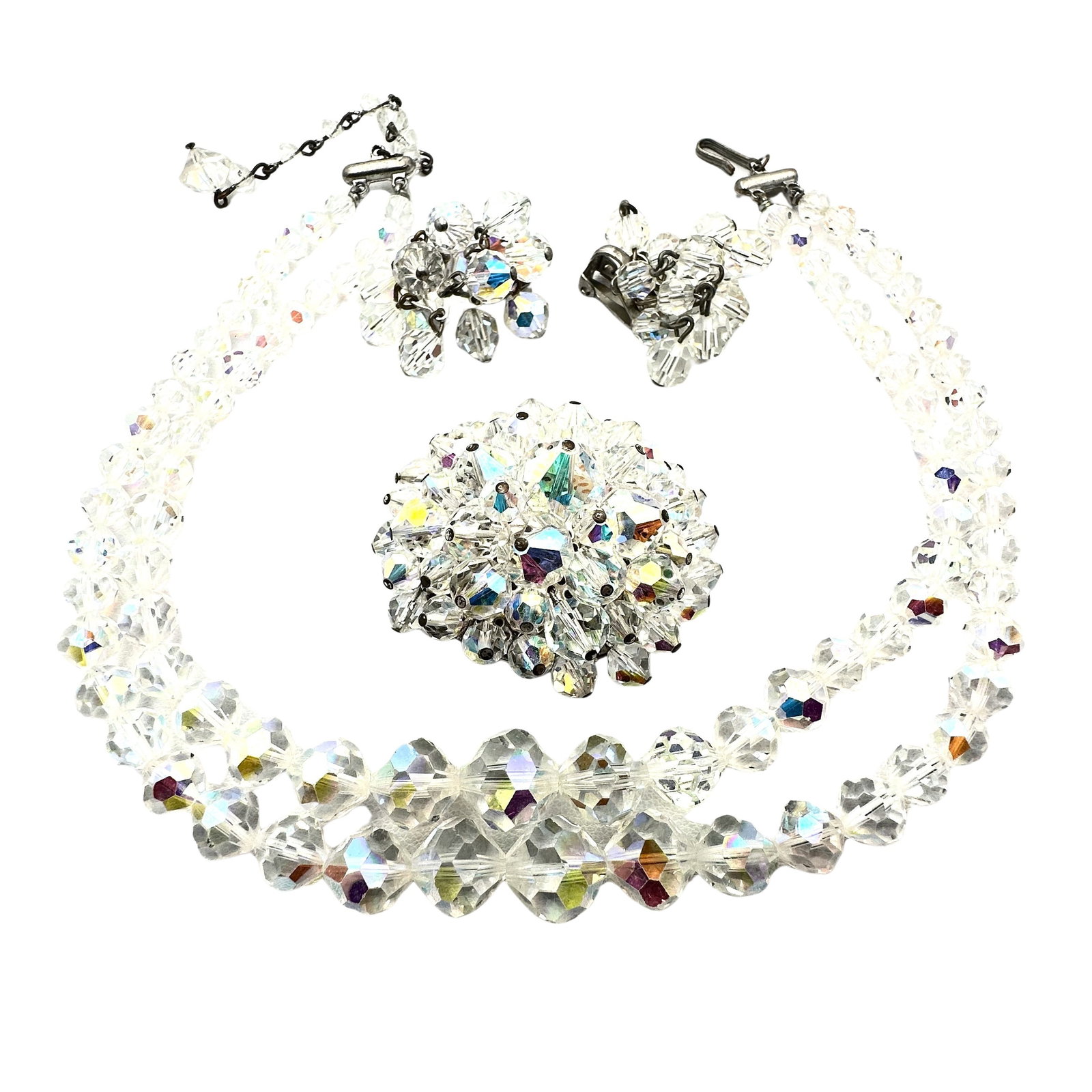 Vintage Aurora Borealis Crystal Bead Necklace Clip Earrings Brooch Pin: Vintage Aurora Borealis Crystal Bead Necklace Clip Earrings Brooch Pin