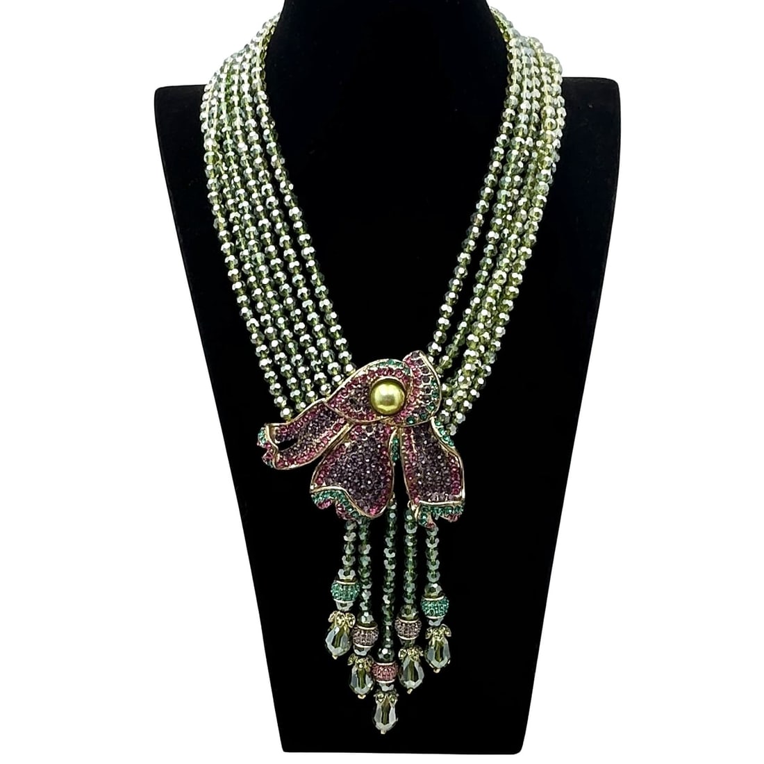 Heidi Daus Green Crystal Bead Pink Flower Pendant Necklace Antiqued Gold Tone 20 Inch (1 of 2)