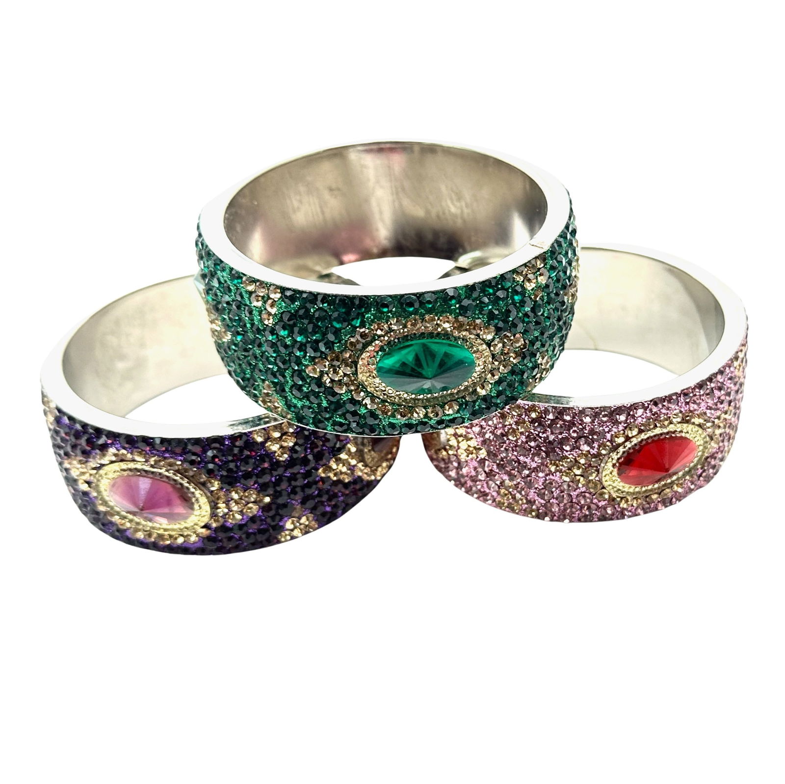 Group Three Costume Crystal Encrusted Silver Tone Wide Bangle Bracelets (1 of 2)