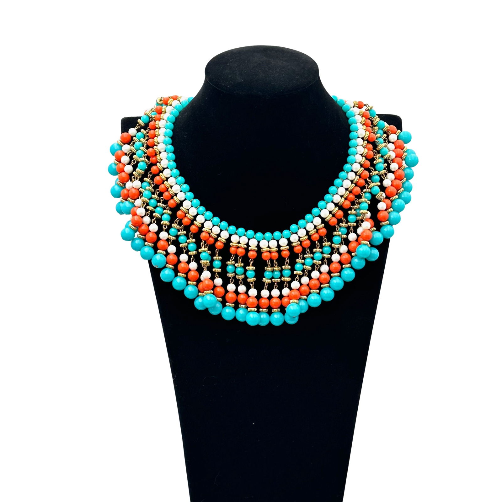 Vintage Egyptian Revival Necklace Gold Tone Blue Coral White 16 Inch Bib Festoon: Vintage Egyptian Revival Necklace Gold Tone Blue Coral White 16 Inch Bib Festoon