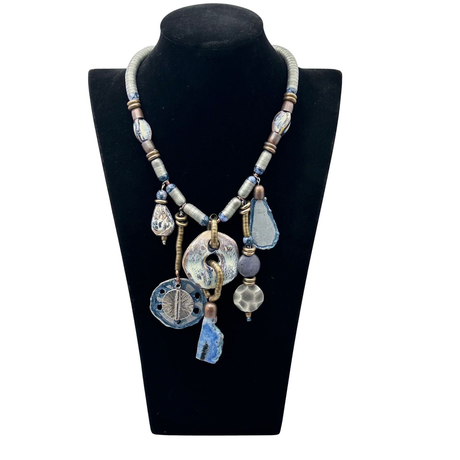 Artisan Blue Ceramic Gemstone Silver Tone Statement Necklace 18 to 20 Inch (1 of 2)