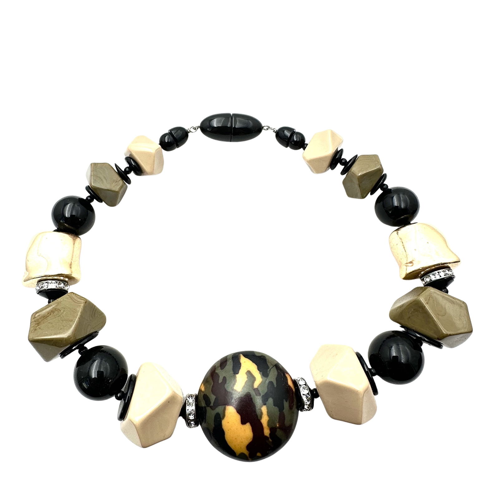 Vintage Italy Designer Angela Caputi Huge Gold Black Tan Camo Lucite Bead Necklace 18 Inch: Vintage Italy Designer Angela Caputi Huge Gold Black Tan Camo Lucite Bead Necklace 18 Inch