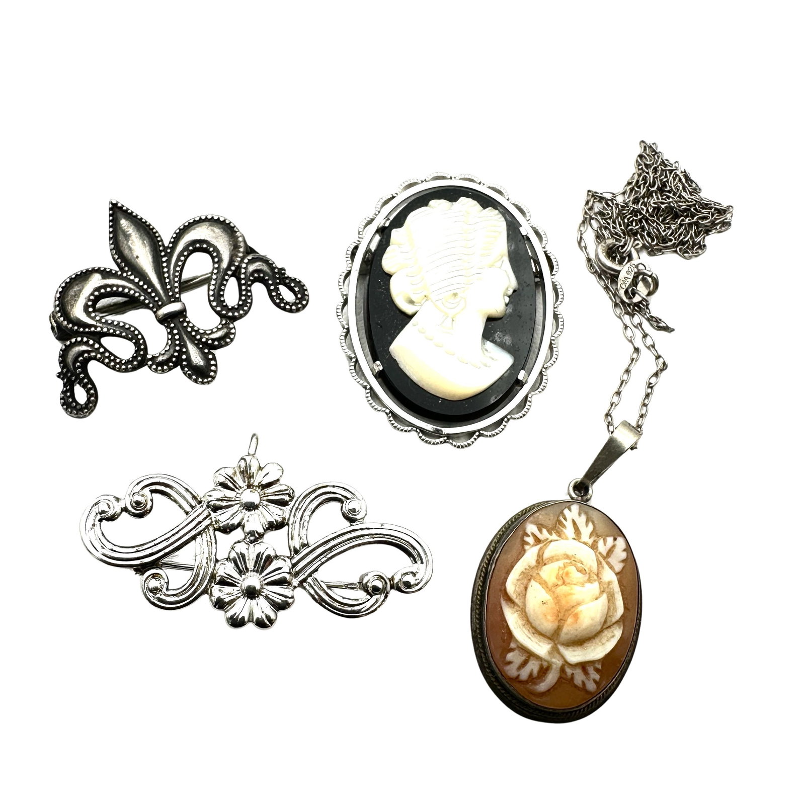 Vintage Group Sterling Silver Jewelry Carved Cameo Necklace Pocket Watch Brooches Pins: Vintage Group Sterling Silver Jewelry Carved Cameo Necklace Pocket Watch Brooches Pins