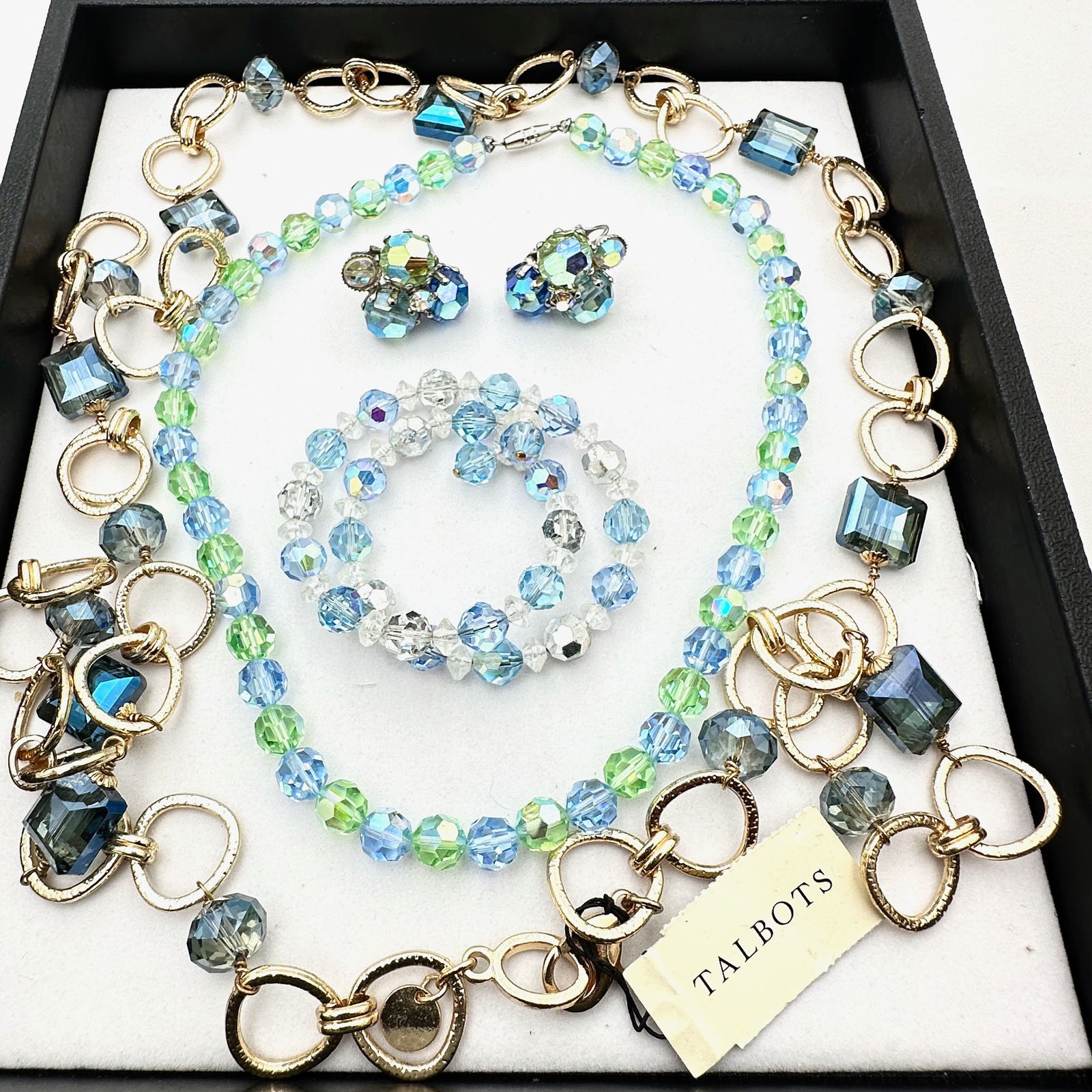 Jewelry Group Vogue Crystal Clip Earrings Blue Green Aurora Borealis Crystals Talbots Necklace (1 of 1)