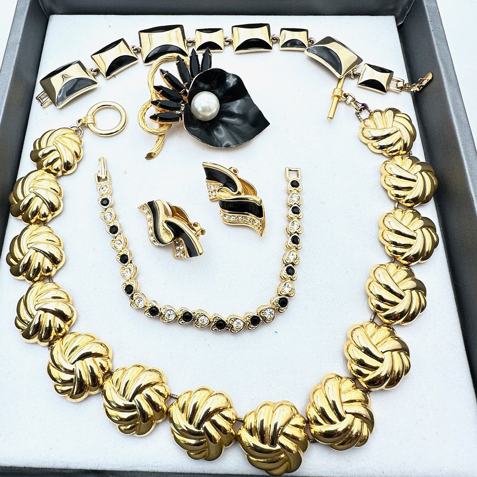 Jewelry Group Anne Klein Gold Tone Necklace Heart Crystal Bracelet Brooch Clip Earrings (1 of 2)