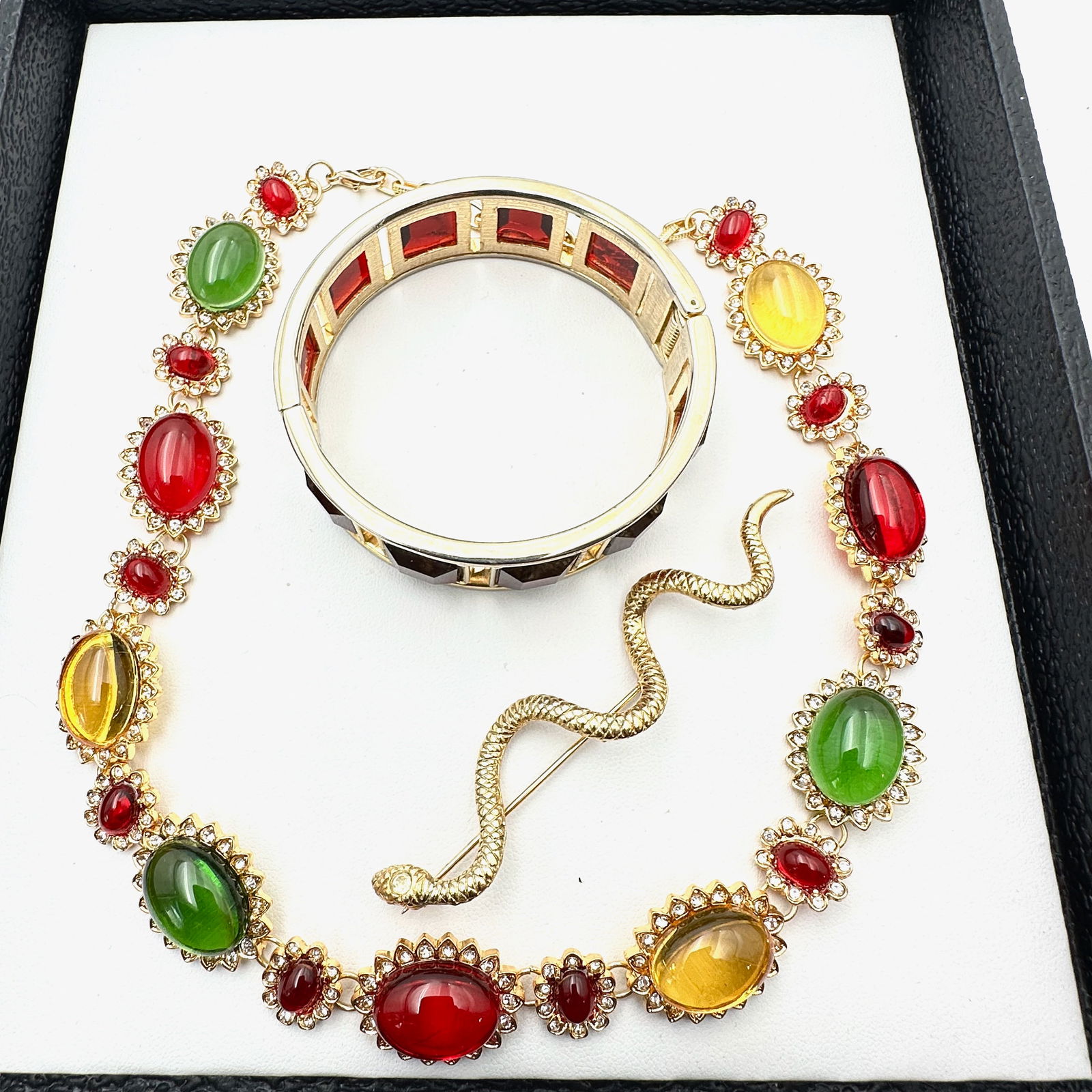 Jewelry Group Jewel Tone Gold tone Necklace Snake Brooch Red Glass Stone Bangle Bracelet (1 of 2)