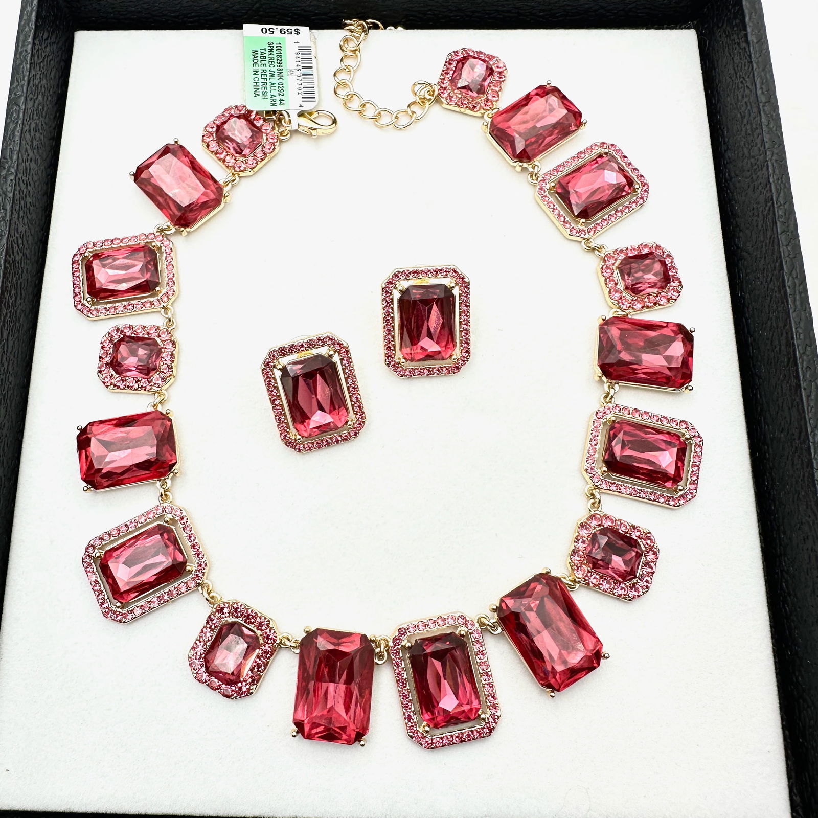 Pink Crystal Statement Necklace Gold Tone Pierced Earrings (1 of 2)