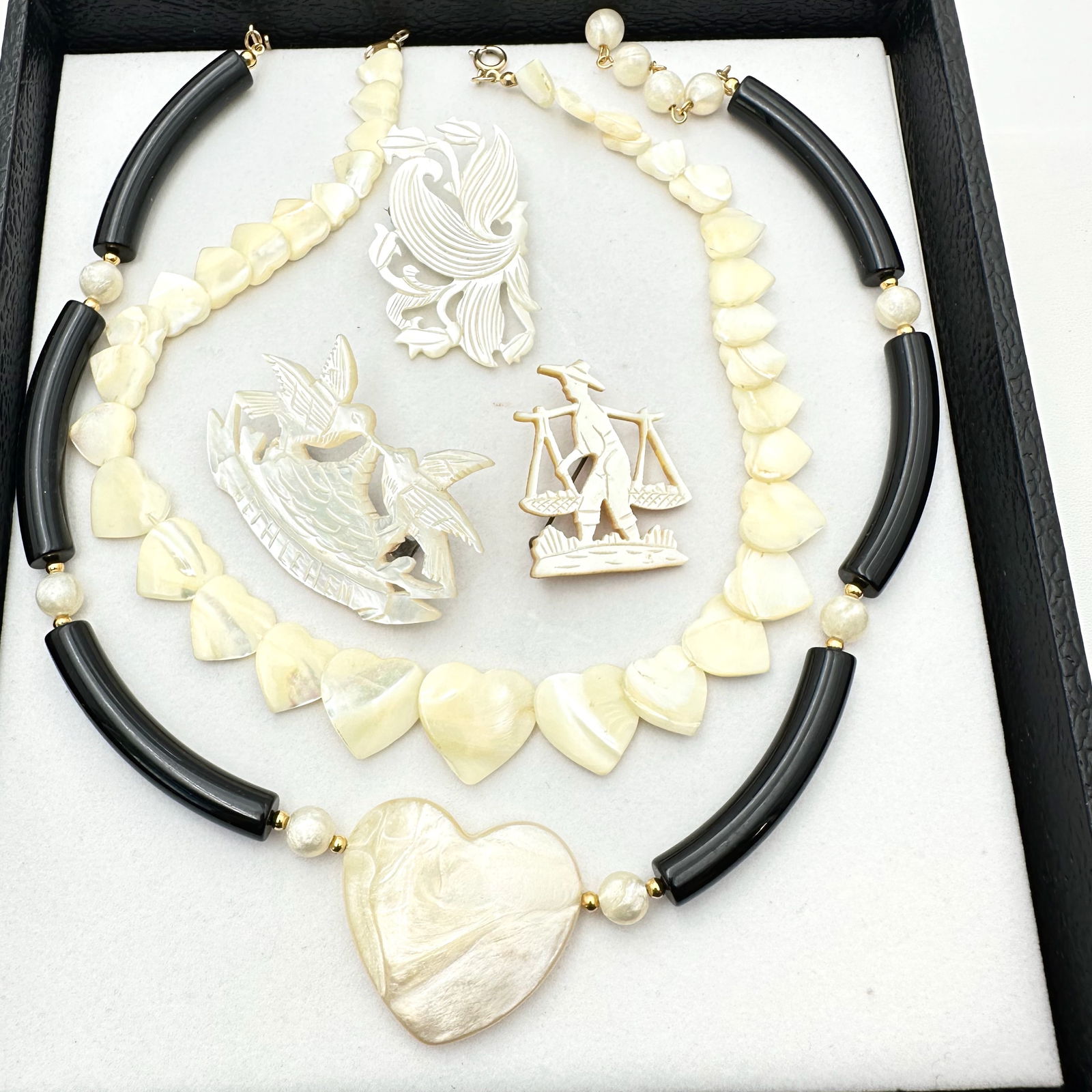 Vintage Jewelry Group Pearl Carved Brooches Heart Necklaces: Vintage Jewelry Group Pearl Carved Brooches Heart Necklaces
