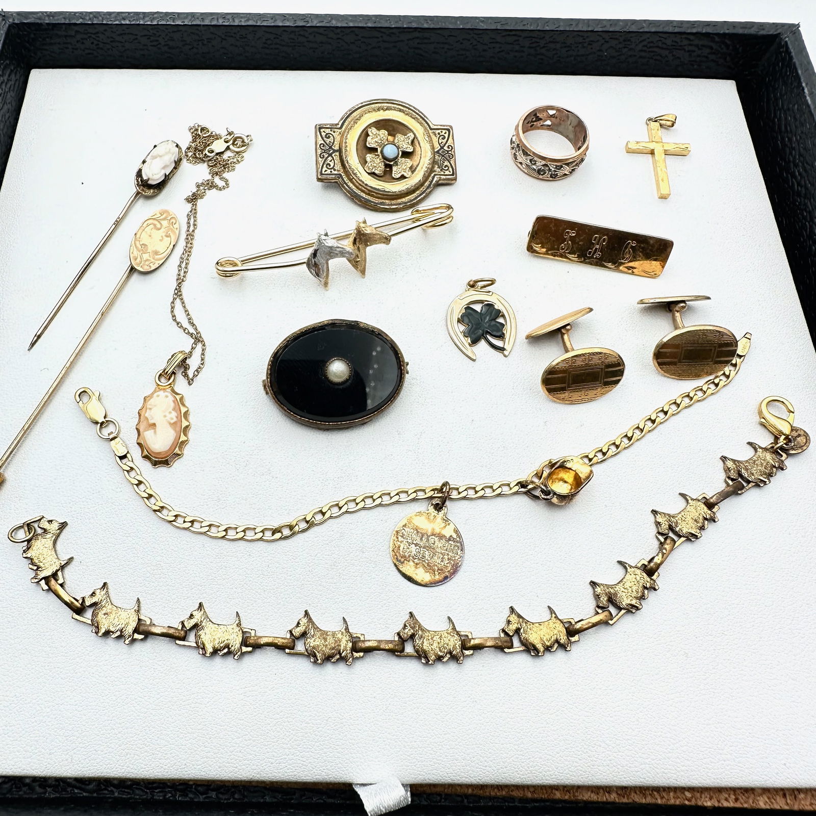 Vintage Gold Filled Jewelry Group Scottie Dog Bracelet Stick Pins Horse Brooch Ring Cuff Links (1 of 2)