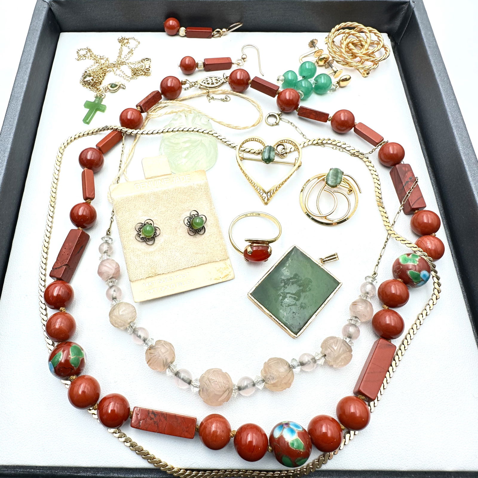 Vintage Gold Filled Jewelry Group Jade Gemstones Necklaces Earrings Brooch (1 of 2)