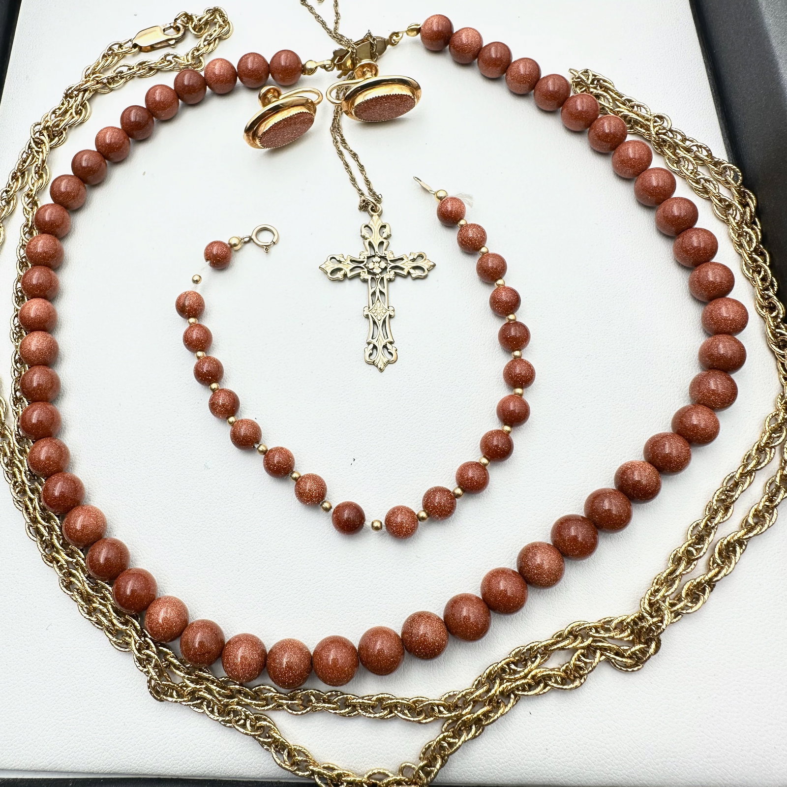Vintage Gold Filled Jewelry Group Gold stone Necklace Bracelet Earrings Cross Pendant Necklace: Vintage Gold Filled Jewelry Group Gold stone Necklace Bracelet Earrings Cross Pendant Necklace