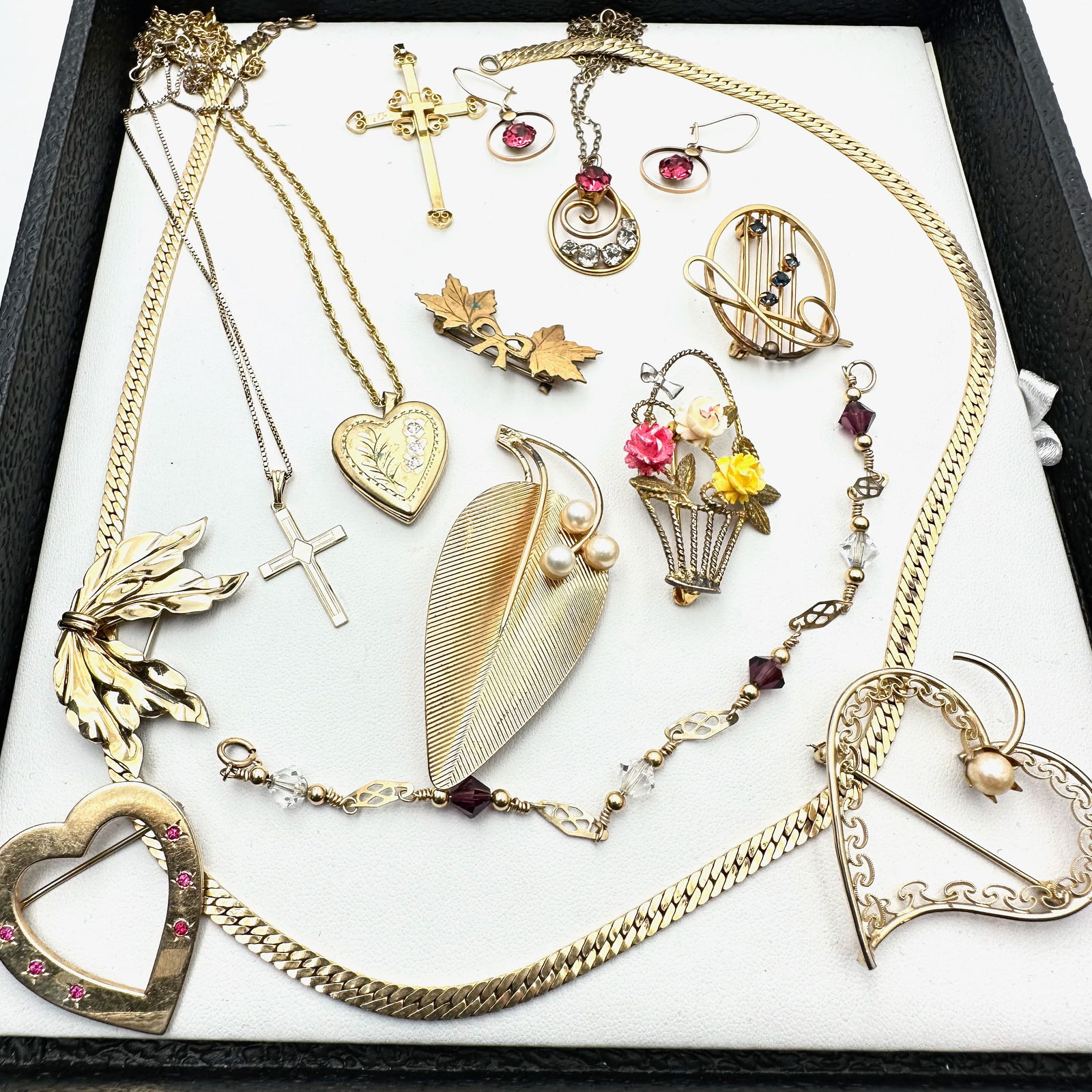 Vintage Gold Filled Jewelry Group Locket Pendant Crosses Rhinestone Necklaces Brooches (1 of 2)