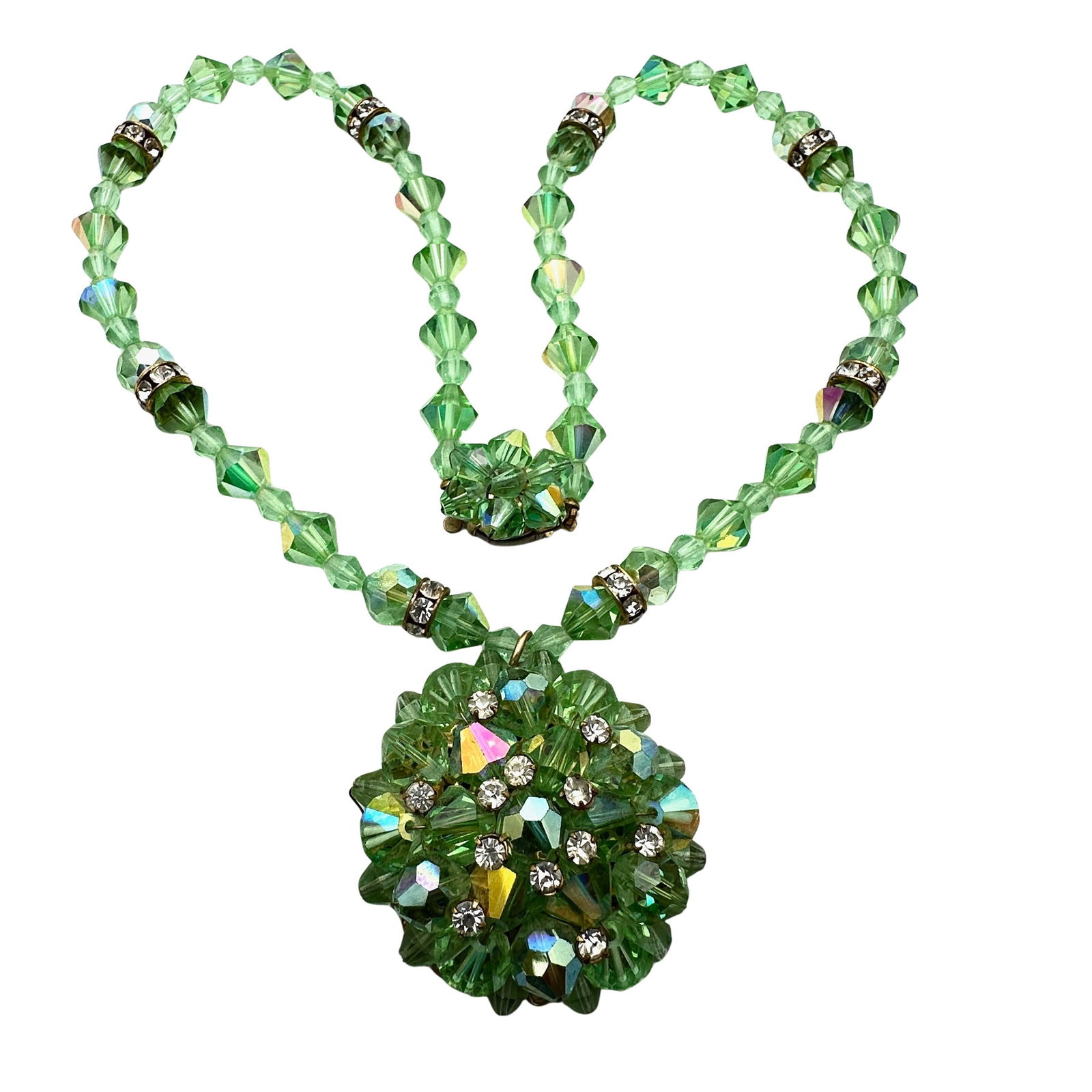Vintage Green Aurora Borealis Green Crystal Necklace Gold Tone 18 Inch (1 of 2)