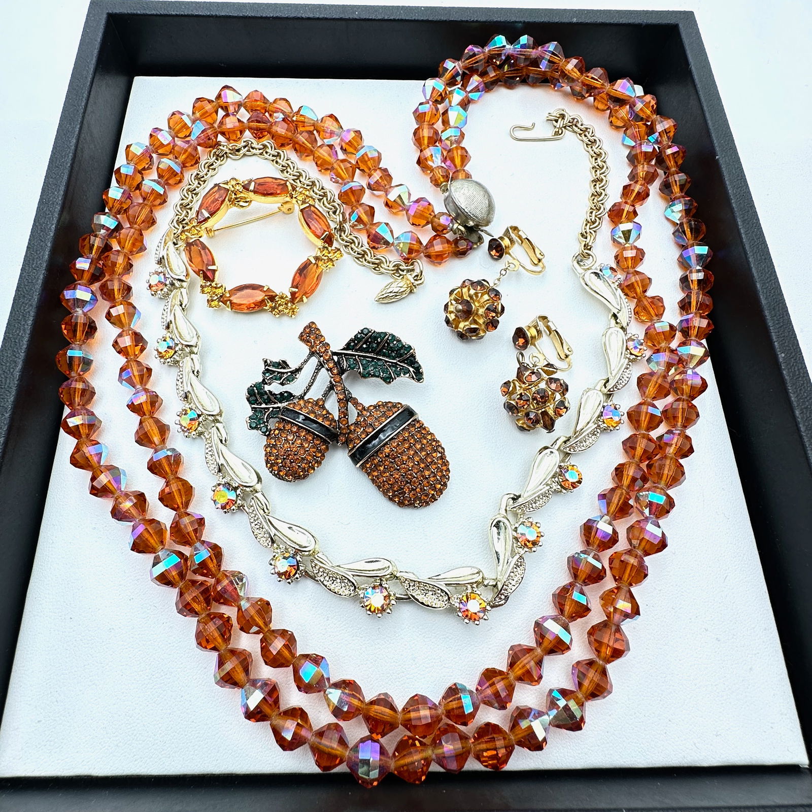Vintage Jewelry Group Amber Colored Crystal Necklace Rhinestones Clip Earrings Brooches (1 of 2)