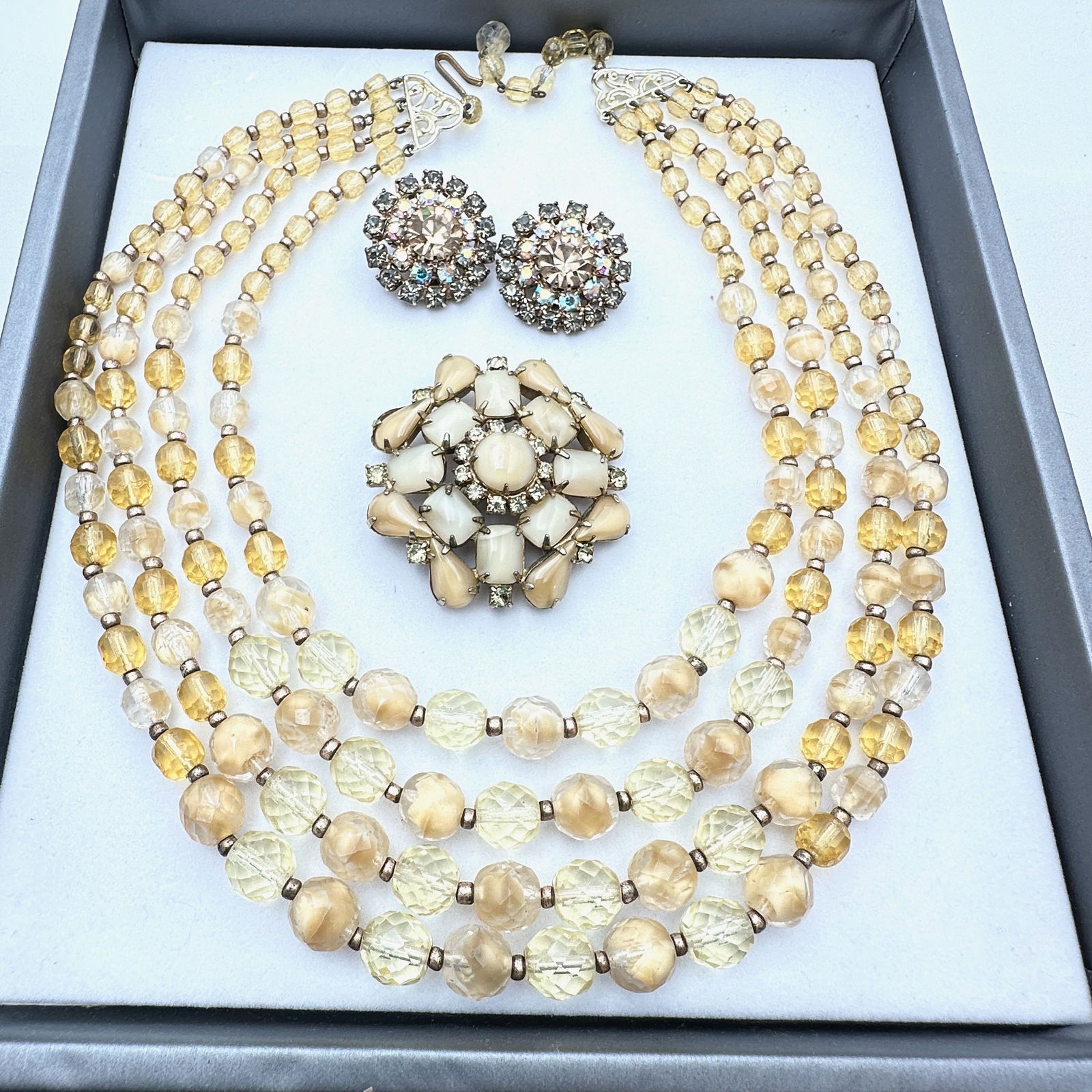 Vintage Jewelry Group 4 Strand Glass Necklace Aurora Borealis Rhinestone Clip Earrings Brooch (1 of 2)