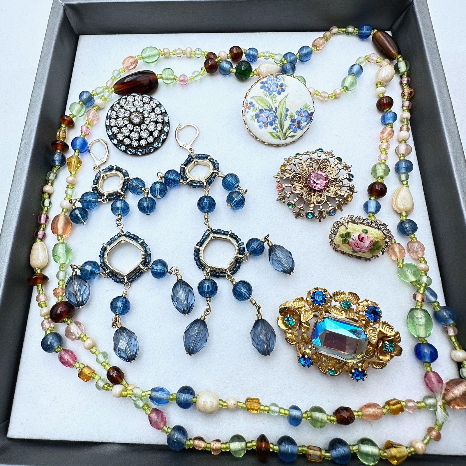 Vintage Jewelry Group Multicolor Glass Bead Necklace Czech Glass Brooch Guilloche: Vintage Jewelry Group Multicolor Glass Bead Necklace Czech Glass Brooch Guilloche